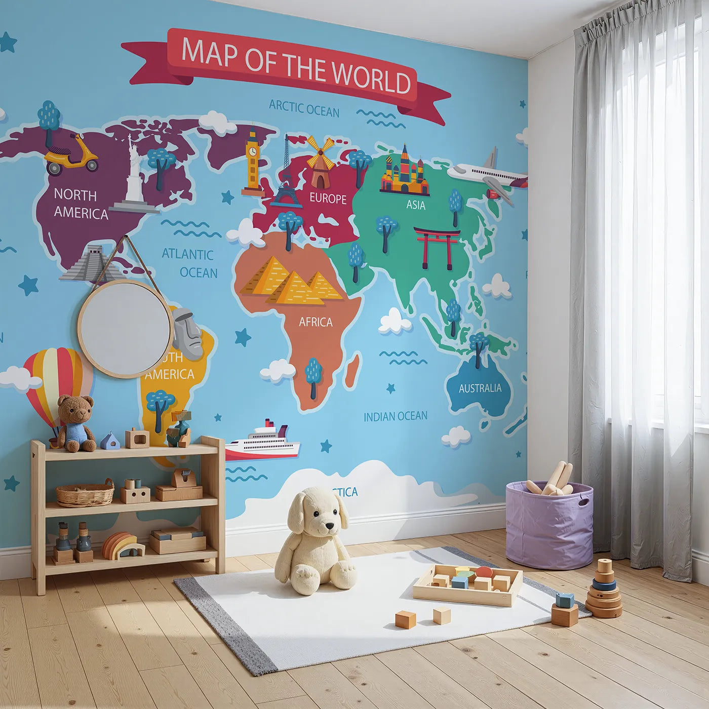 Angled view of Whimsy Tots' Cartoon World Map with Landmarks Wall Mural (Turn Their Room into a Fun-Filled Global Tour).Gender-Neutral