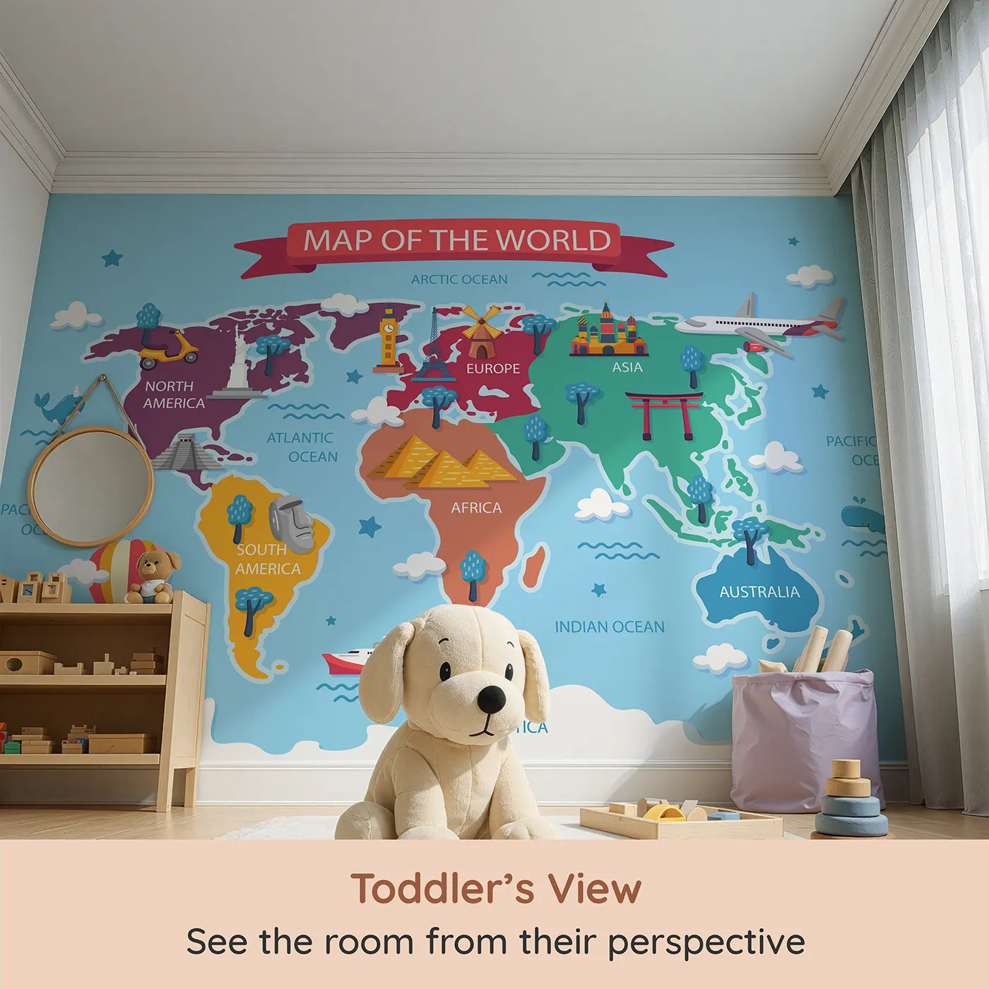 Whimsy Tots Cartoon World Map with Landmarks Wall Mural (Turn Their Room into a Fun-Filled Global Tour) from your child's view.Gender-Neutral