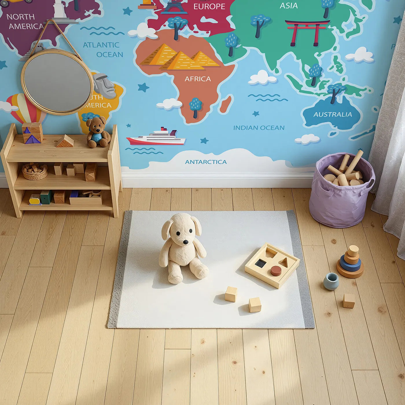Top-down view of Whimsy Tots' Cartoon World Map with Landmarks Wall Mural (Turn Their Room into a Fun-Filled Global Tour).Gender-Neutral