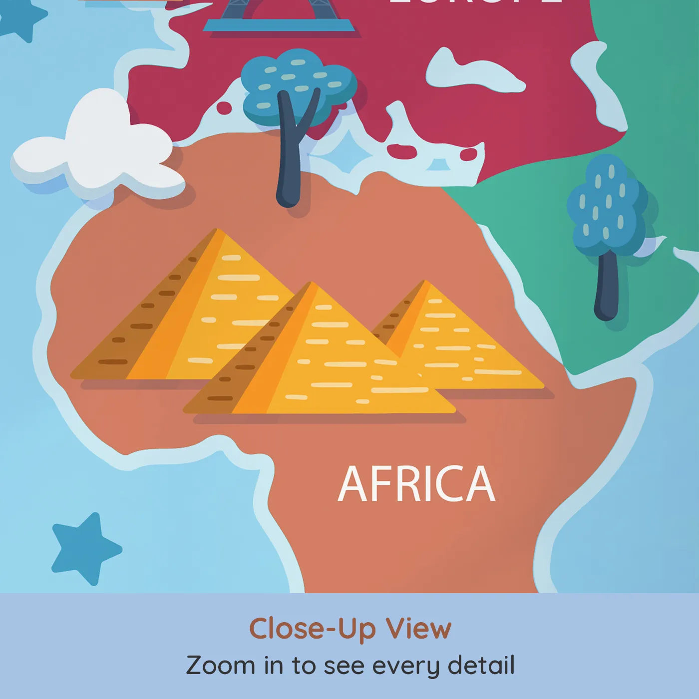 Close-up view of Whimsy Tots' Cartoon World Map with Landmarks Wall Mural (Turn Their Room into a Fun-Filled Global Tour).Gender-Neutral