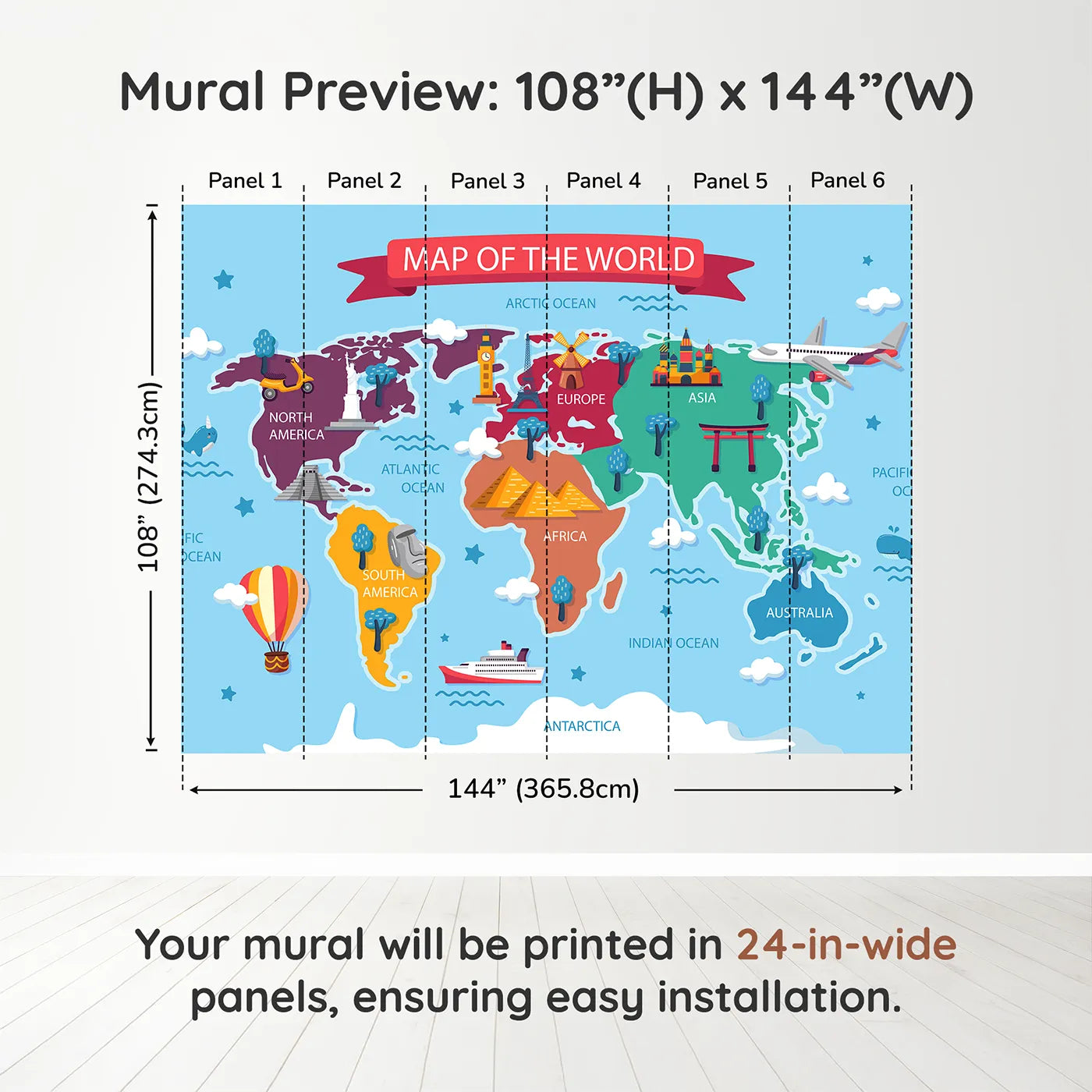 Whimsy Tots Cartoon World Map with Landmarks Wall Muraldimension view (108" H x 144" W). Printed in six 24-inch-wide panels. Gender-Neutral