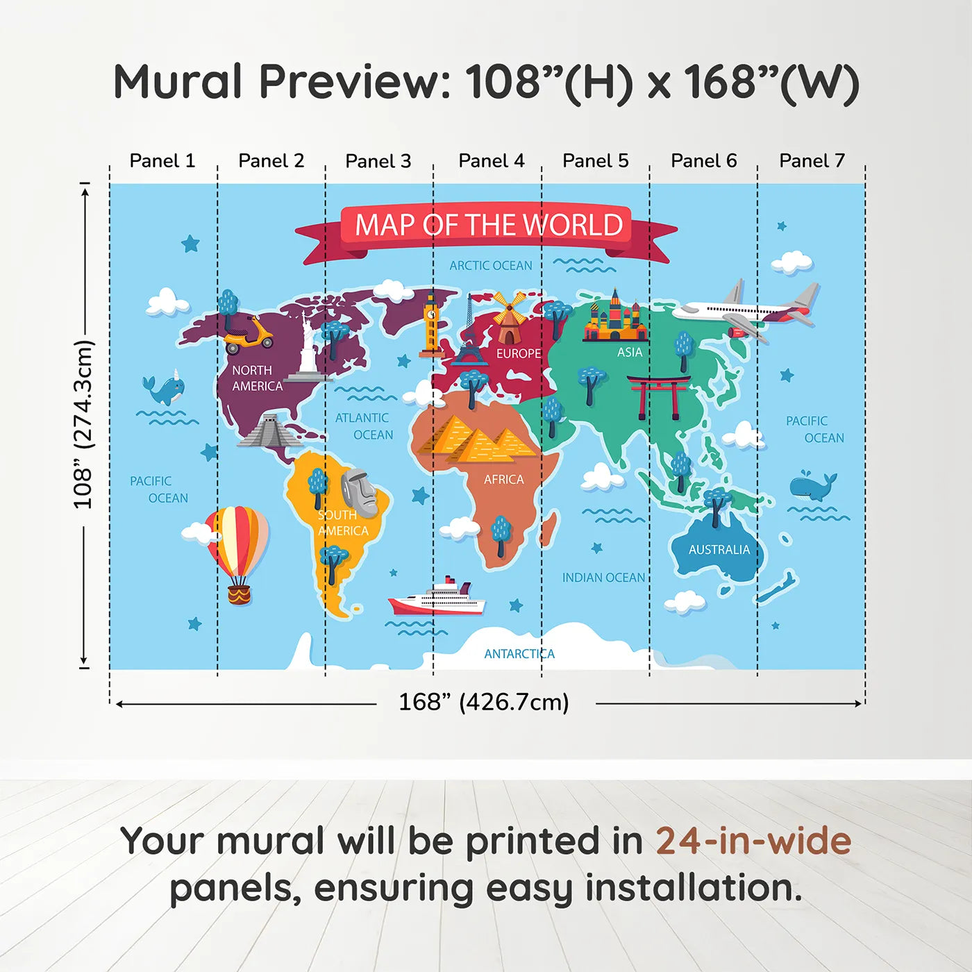Whimsy Tots Cartoon World Map with Landmarks Wall Muraldimension view (108" H x 168" W). Printed in seven 24-inch-wide panels. Gender-Neutral