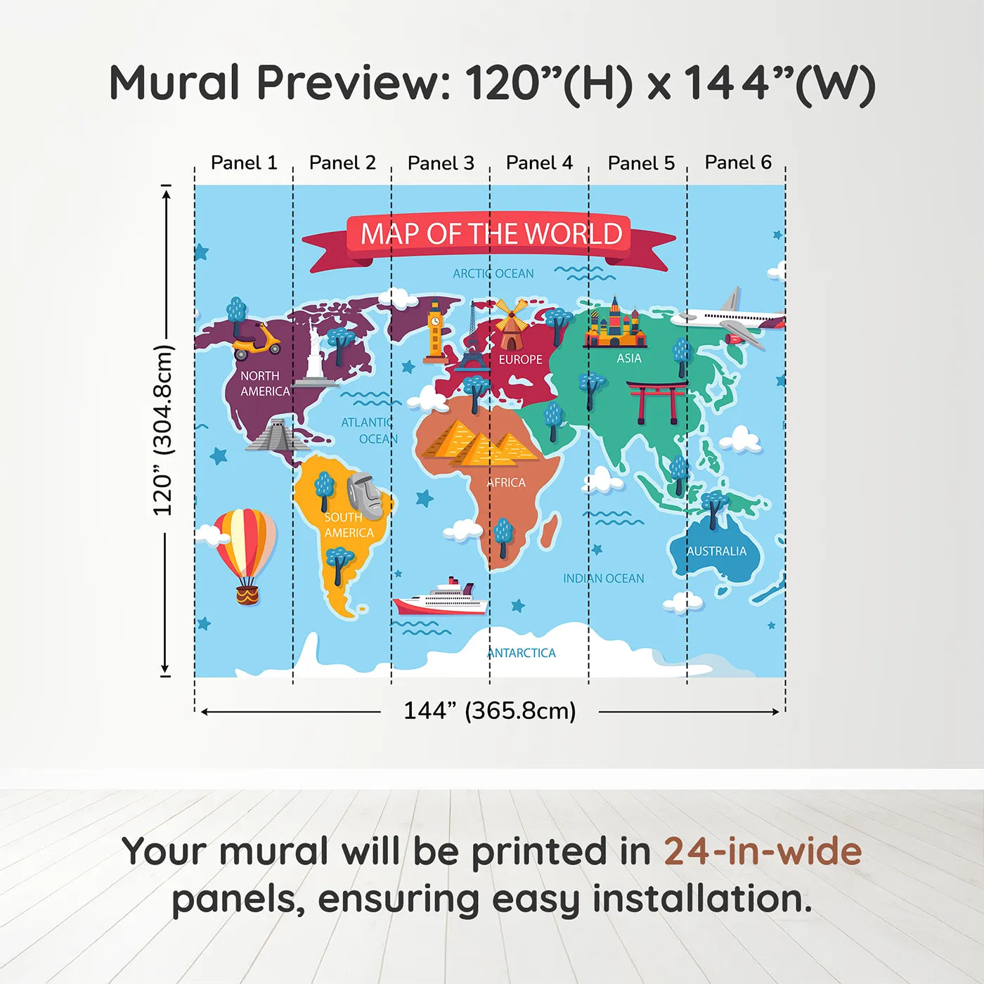 Whimsy Tots Cartoon World Map with Landmarks Wall Muraldimension view (120" H x 144" W). Printed in six 24-inch-wide panels. Gender-Neutral
