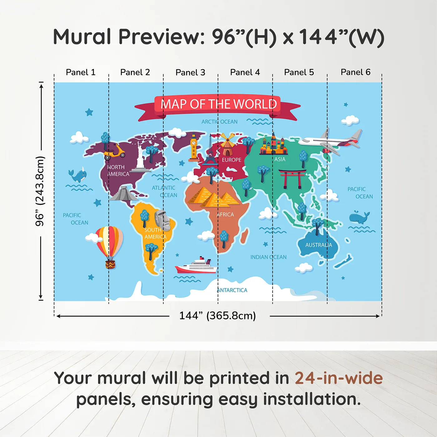 Whimsy Tots Cartoon World Map with Landmarks Wall Muraldimension view (96" H x 144" W). Printed in six 24-inch-wide panels. Gender-Neutral