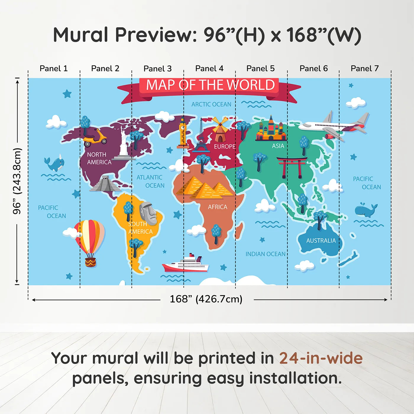 Whimsy Tots Cartoon World Map with Landmarks Wall Muraldimension view (96" H x 168" W). Printed in seven 24-inch-wide panels. Gender-Neutral