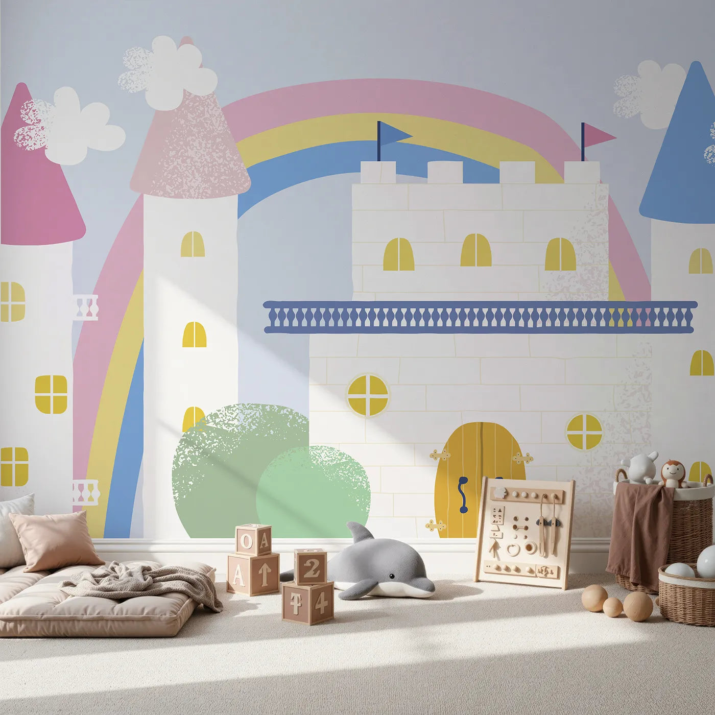 Front view of Whimsy Tots' Pastel Fairytale Castle Wall Mural
