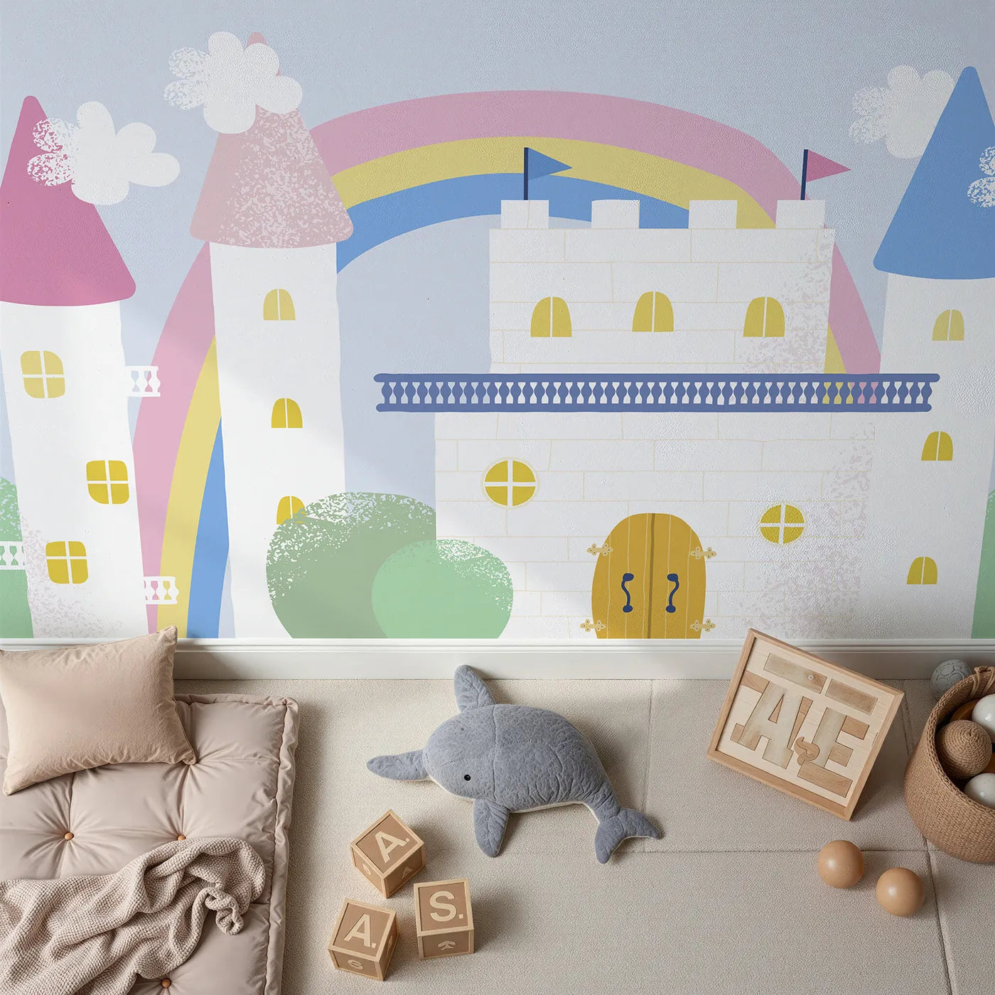 Top-down view of Whimsy Tots' Pastel Fairytale Castle Wall Mural (Turn Their Room into the Sweetest Little Kingdom).Best for Girls