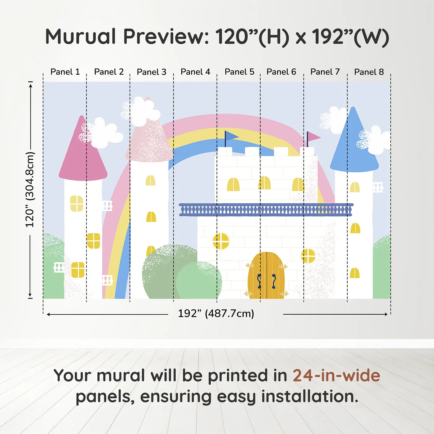 Whimsy Tots Pastel Fairytale Castle Wall Muraldimension view (120" H x 192" W). Printed in eight 24-inch-wide panels. Best for Girls