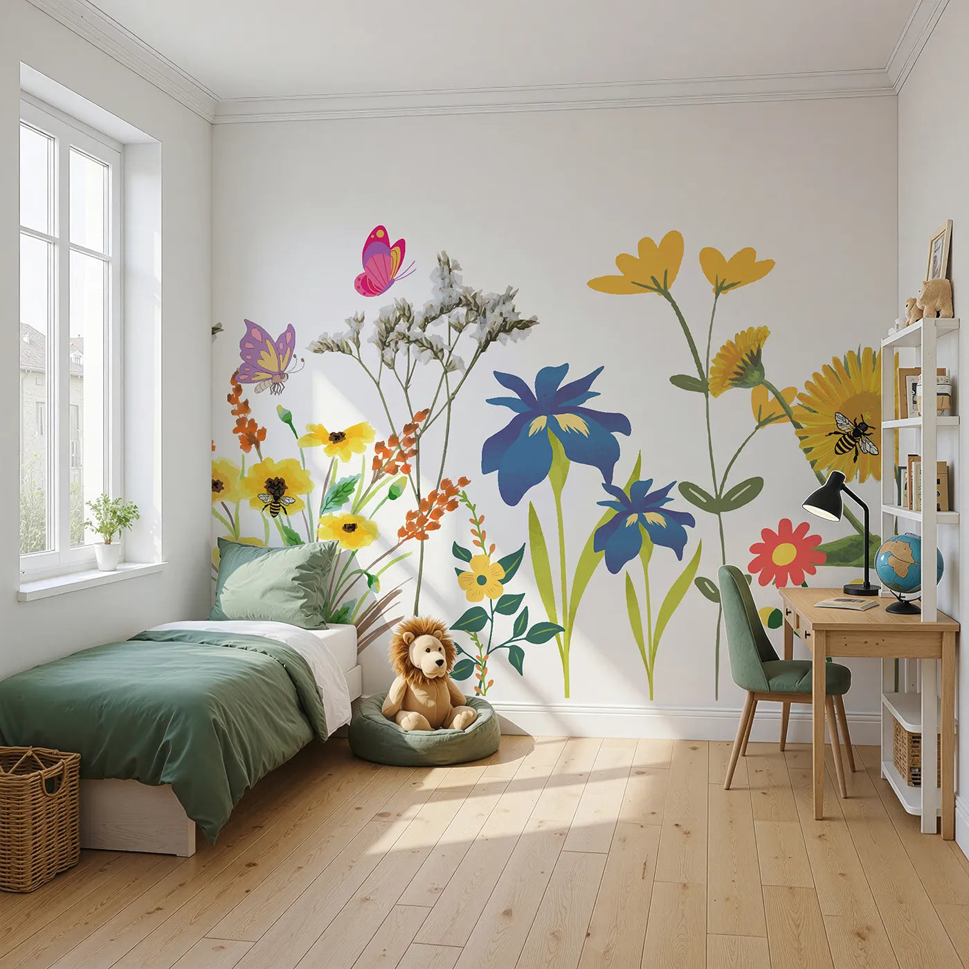 Angled view of Whimsy Tots' Wildflower Garden Border Wall Mural (Turn Their Room into a Meadow of Buzzing Butterflies and Bees).Gender-Neutral