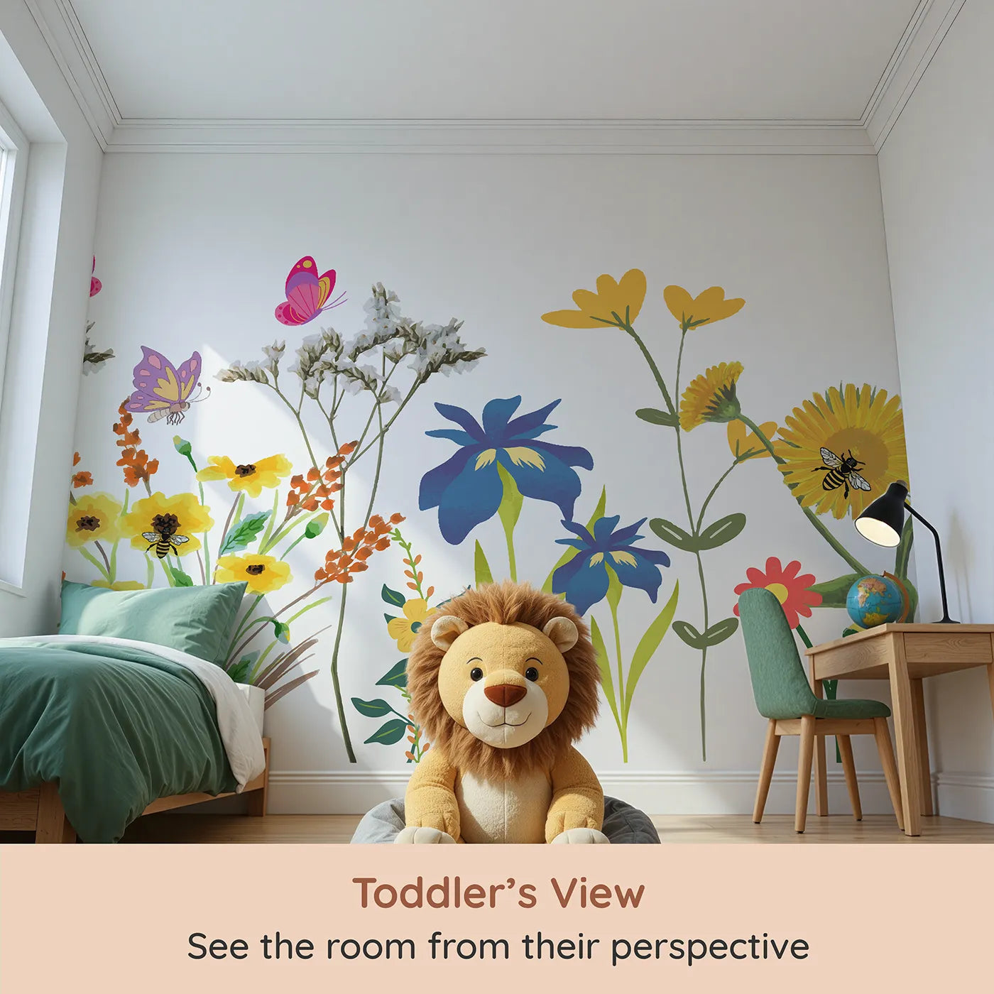 Whimsy Tots Wildflower Garden Border Wall Mural (Turn Their Room into a Meadow of Buzzing Butterflies and Bees) from your child's view.Gender-Neutral