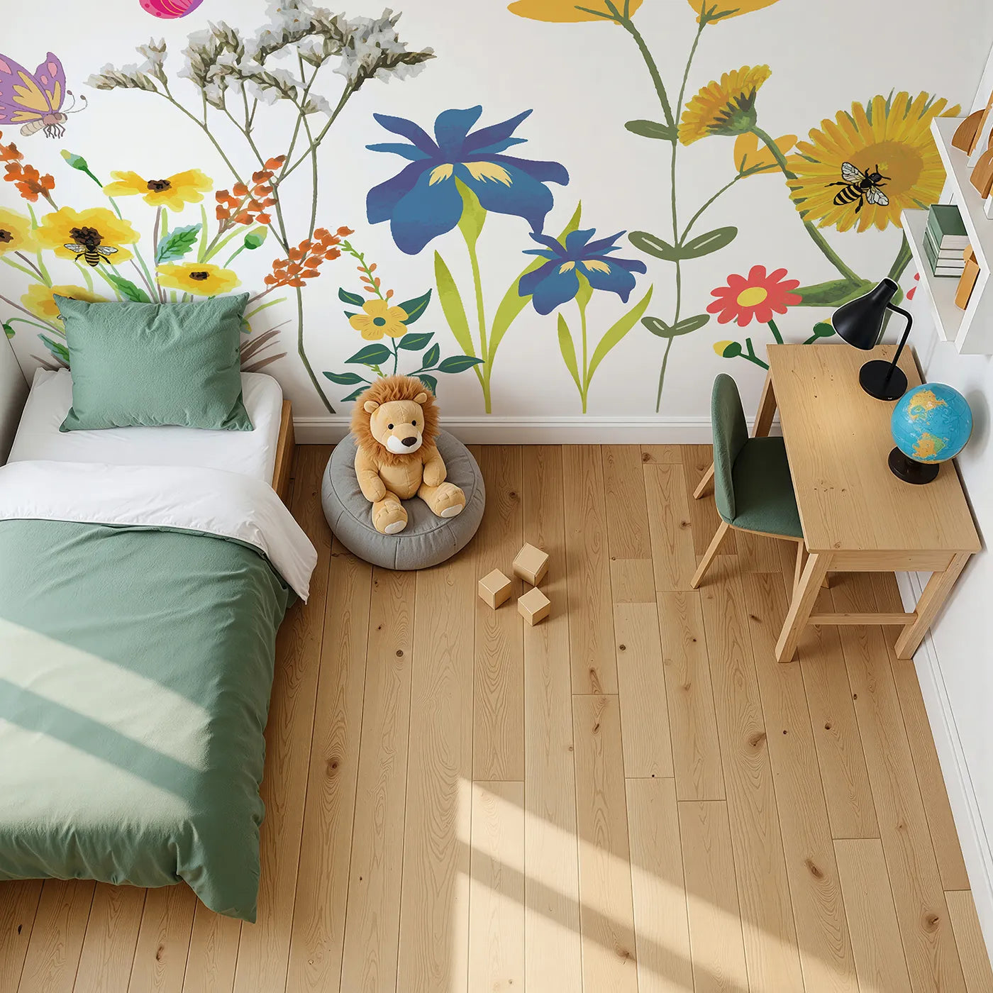Top-down view of Whimsy Tots' Wildflower Garden Border Wall Mural (Turn Their Room into a Meadow of Buzzing Butterflies and Bees).Gender-Neutral