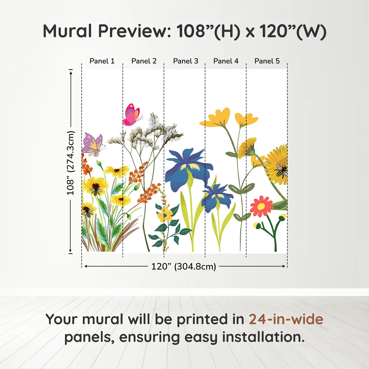 Whimsy Tots Wildflower Garden Border Wall Muraldimension view (108" H x 120" W). Printed in five 24-inch-wide panels. Gender-Neutral