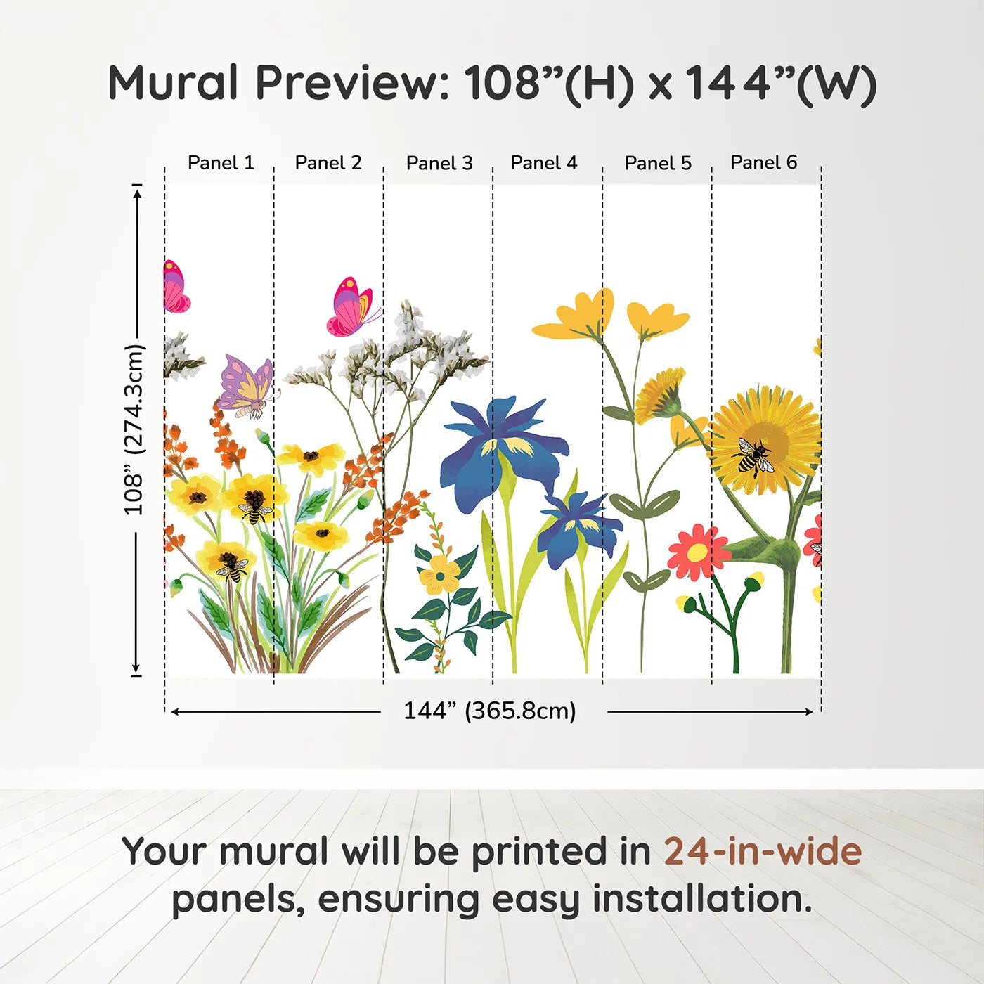 Whimsy Tots Wildflower Garden Border Wall Muraldimension view (108" H x 144" W). Printed in six 24-inch-wide panels. Gender-Neutral