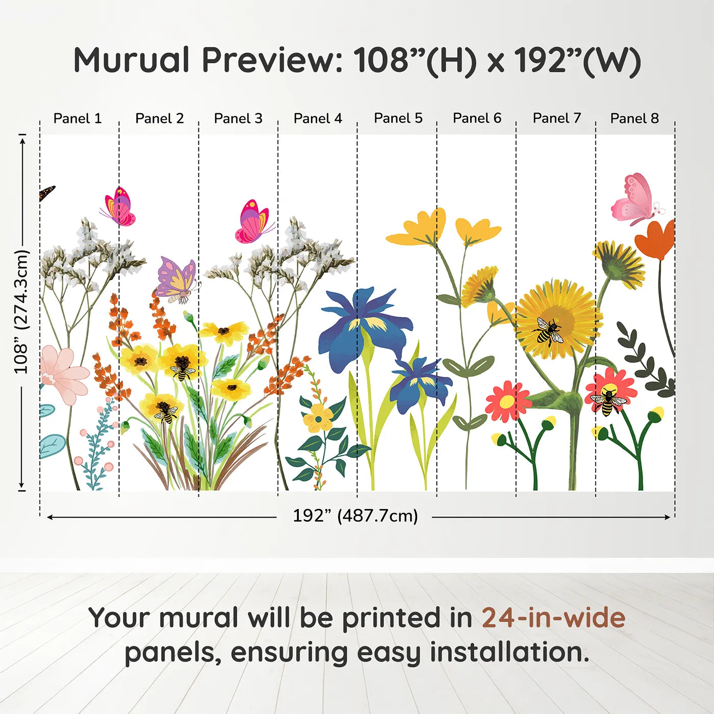 Whimsy Tots Wildflower Garden Border Wall Muraldimension view (108" H x 192" W). Printed in eight 24-inch-wide panels. Gender-Neutral
