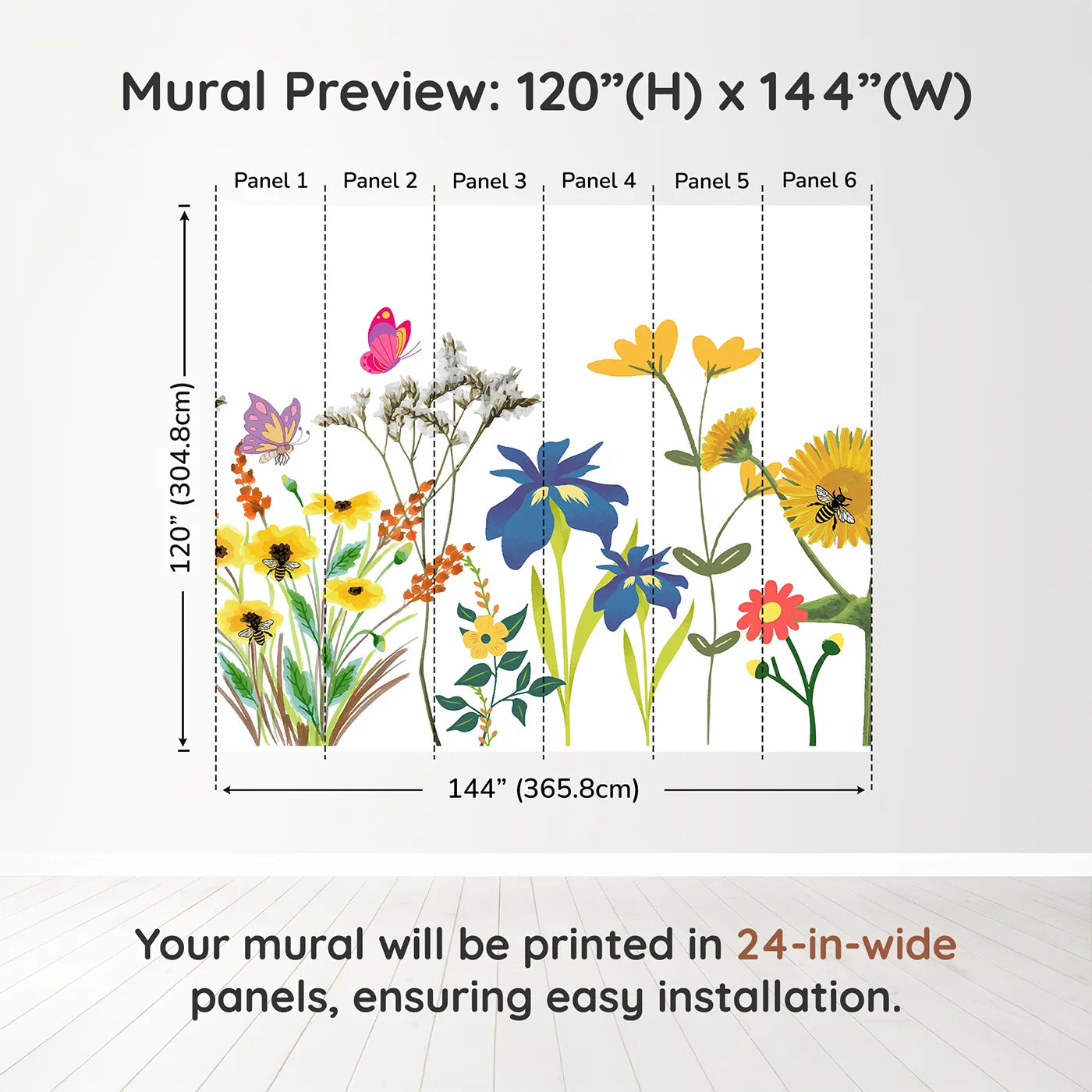 Whimsy Tots Wildflower Garden Border Wall Muraldimension view (120" H x 144" W). Printed in six 24-inch-wide panels. Gender-Neutral