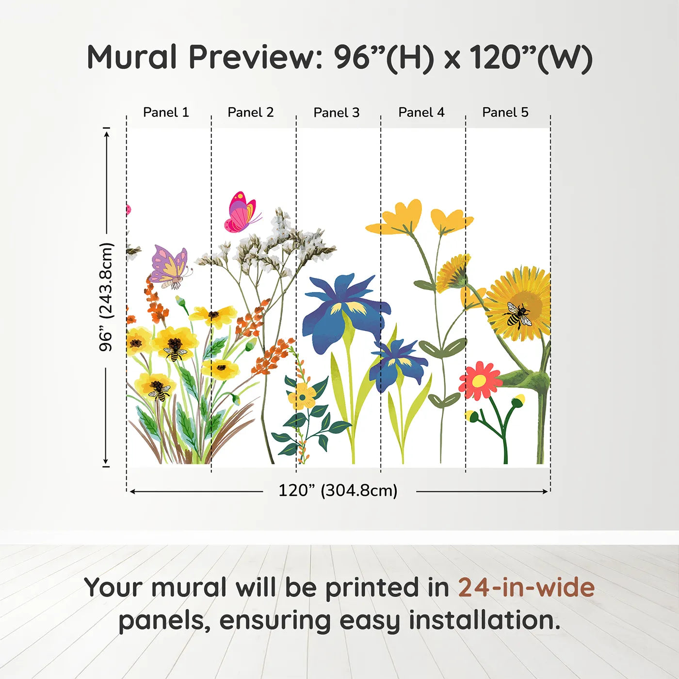 Whimsy Tots Wildflower Garden Border Wall Muraldimension view (96" H x 120" W). Printed in five 24-inch-wide panels. Gender-Neutral
