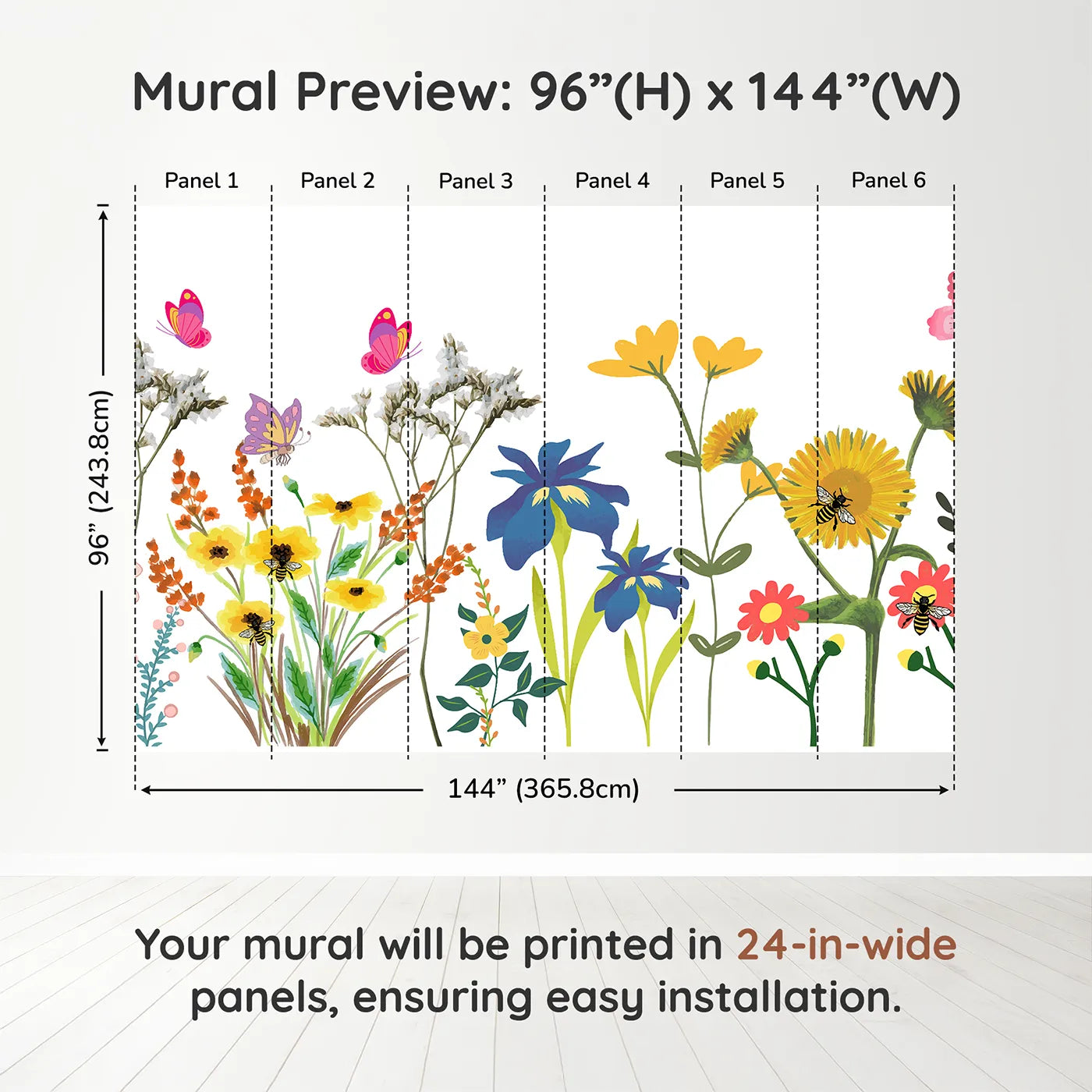 Whimsy Tots Wildflower Garden Border Wall Muraldimension view (96" H x 144" W). Printed in six 24-inch-wide panels. Gender-Neutral