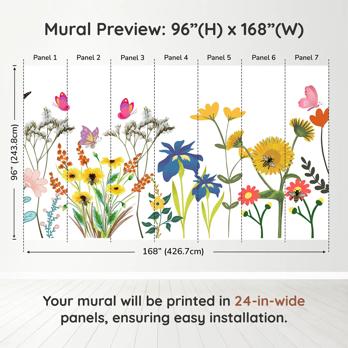 Whimsy Tots Wildflower Garden Border Wall Muraldimension view (96" H x 168" W). Printed in seven 24-inch-wide panels. Gender-Neutral