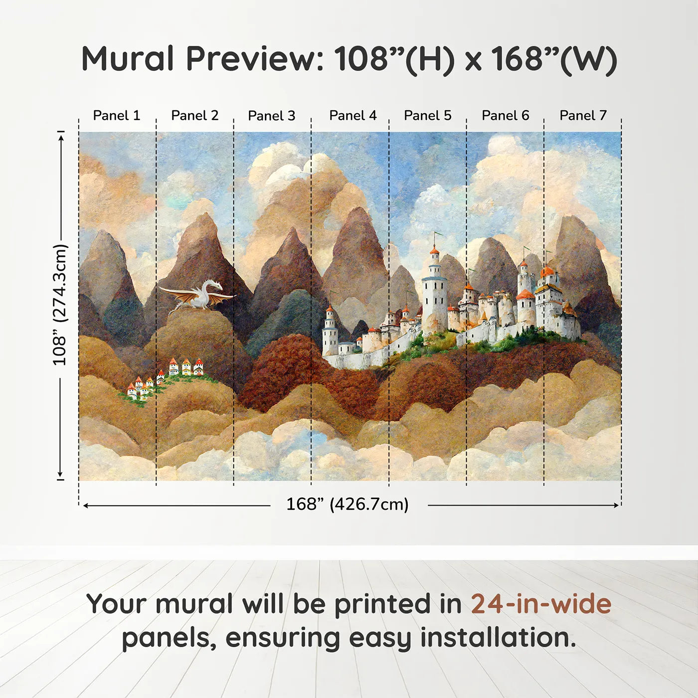 Whimsy Tots Dragonwatch Peaks Castle Wall Muraldimension view (108" H x 168" W). Printed in seven 24-inch-wide panels. Best for Boys