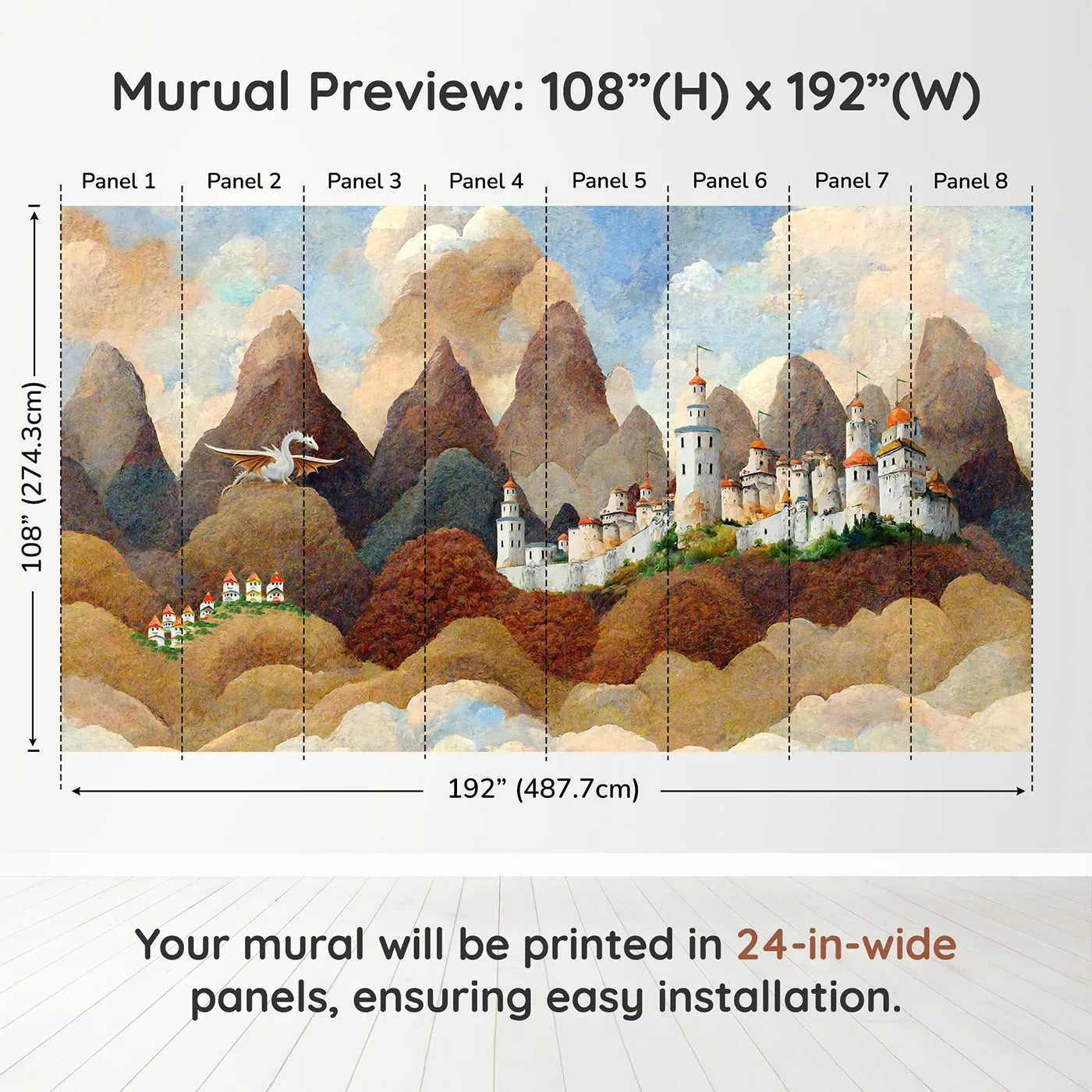 Whimsy Tots Dragonwatch Peaks Castle Wall Muraldimension view (108" H x 192" W). Printed in eight 24-inch-wide panels. Best for Boys