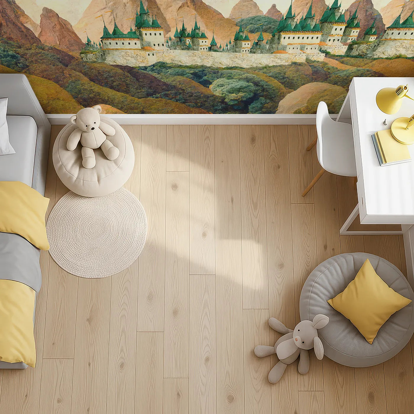 Top-down view of Whimsy Tots' Emerald Spire Castle Wall Mural (Turn Their Room into a Majestic Mountain Kingdom).Gender-Neutral