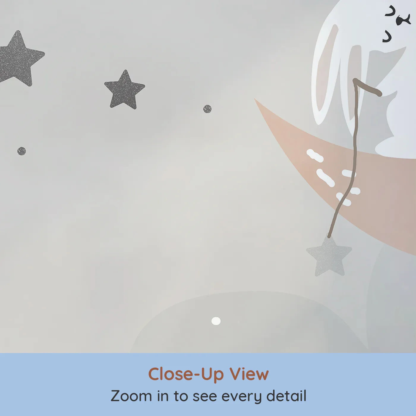 Close-up view of Whimsy Tots' Bunny on the Moon Wall Mural (Turn Their Room into a Gentle, Starry Dreamland).Gender-Neutral