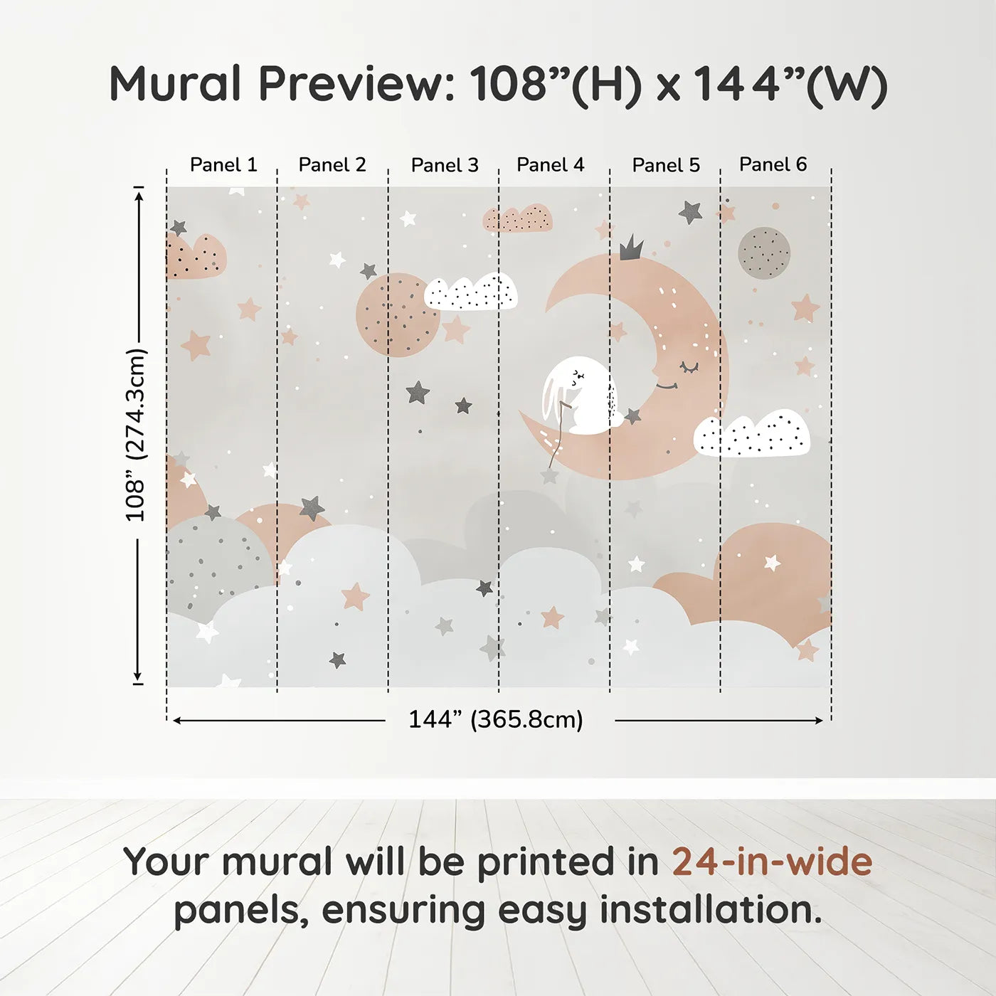 Whimsy Tots Bunny on the Moon Wall Muraldimension view (108" H x 144" W). Printed in six 24-inch-wide panels. Gender-Neutral