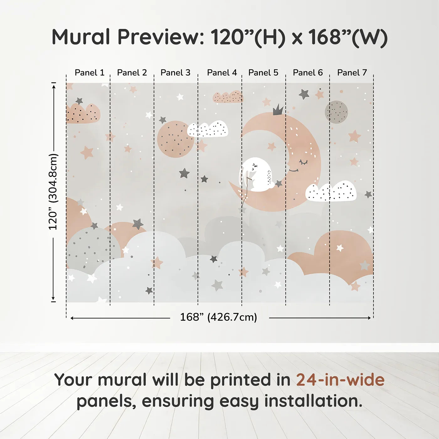 Whimsy Tots Bunny on the Moon Wall Muraldimension view (120" H x 168" W). Printed in seven 24-inch-wide panels. Gender-Neutral