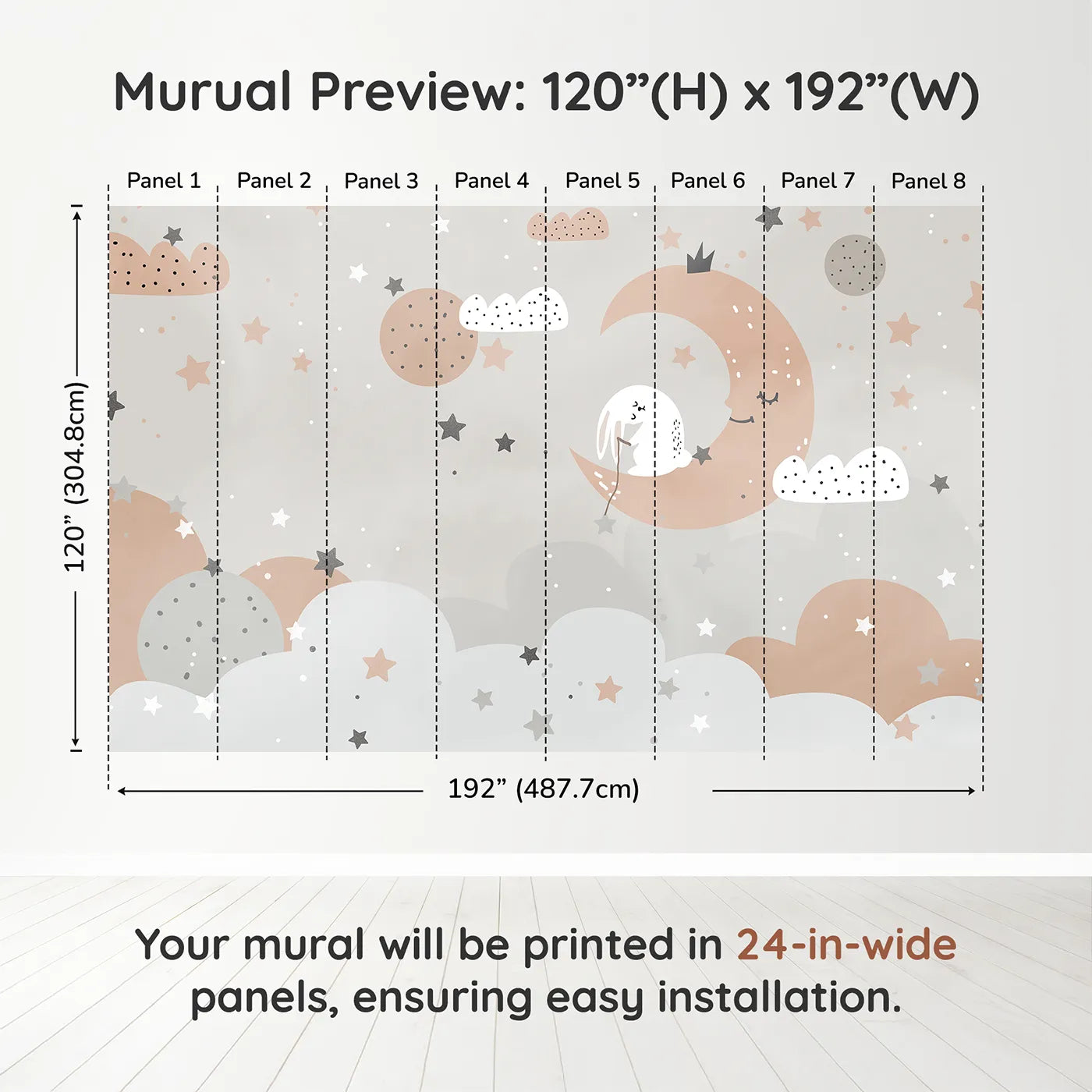 Whimsy Tots Bunny on the Moon Wall Muraldimension view (120" H x 192" W). Printed in eight 24-inch-wide panels. Gender-Neutral