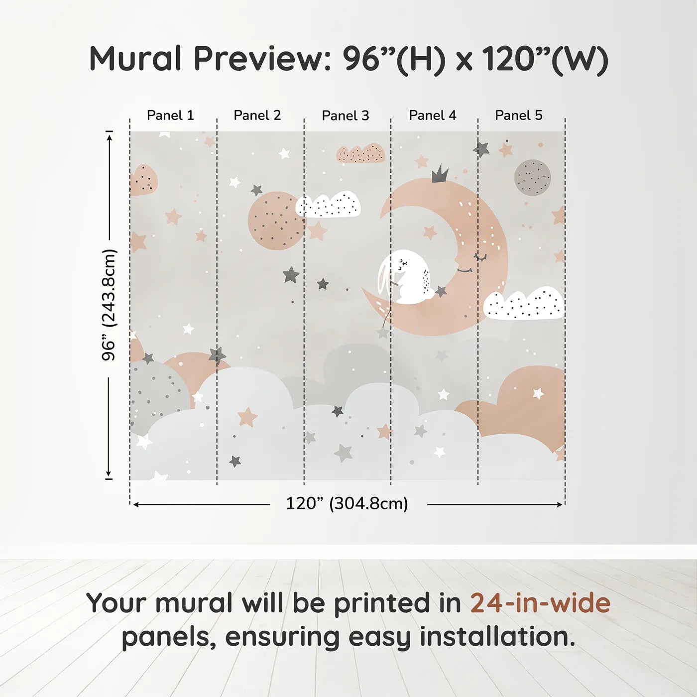 Whimsy Tots Bunny on the Moon Wall Muraldimension view (96" H x 120" W). Printed in five 24-inch-wide panels. Gender-Neutral