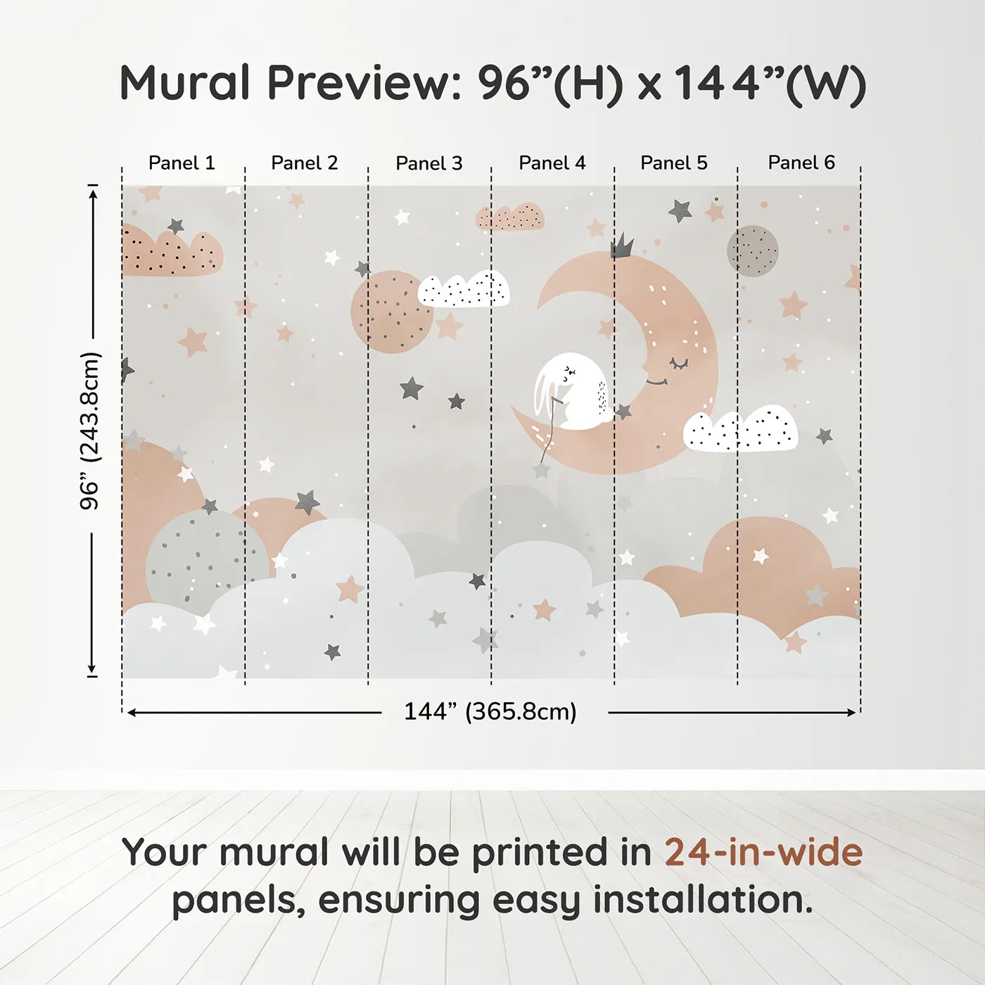 Whimsy Tots Bunny on the Moon Wall Muraldimension view (96" H x 144" W). Printed in six 24-inch-wide panels. Gender-Neutral