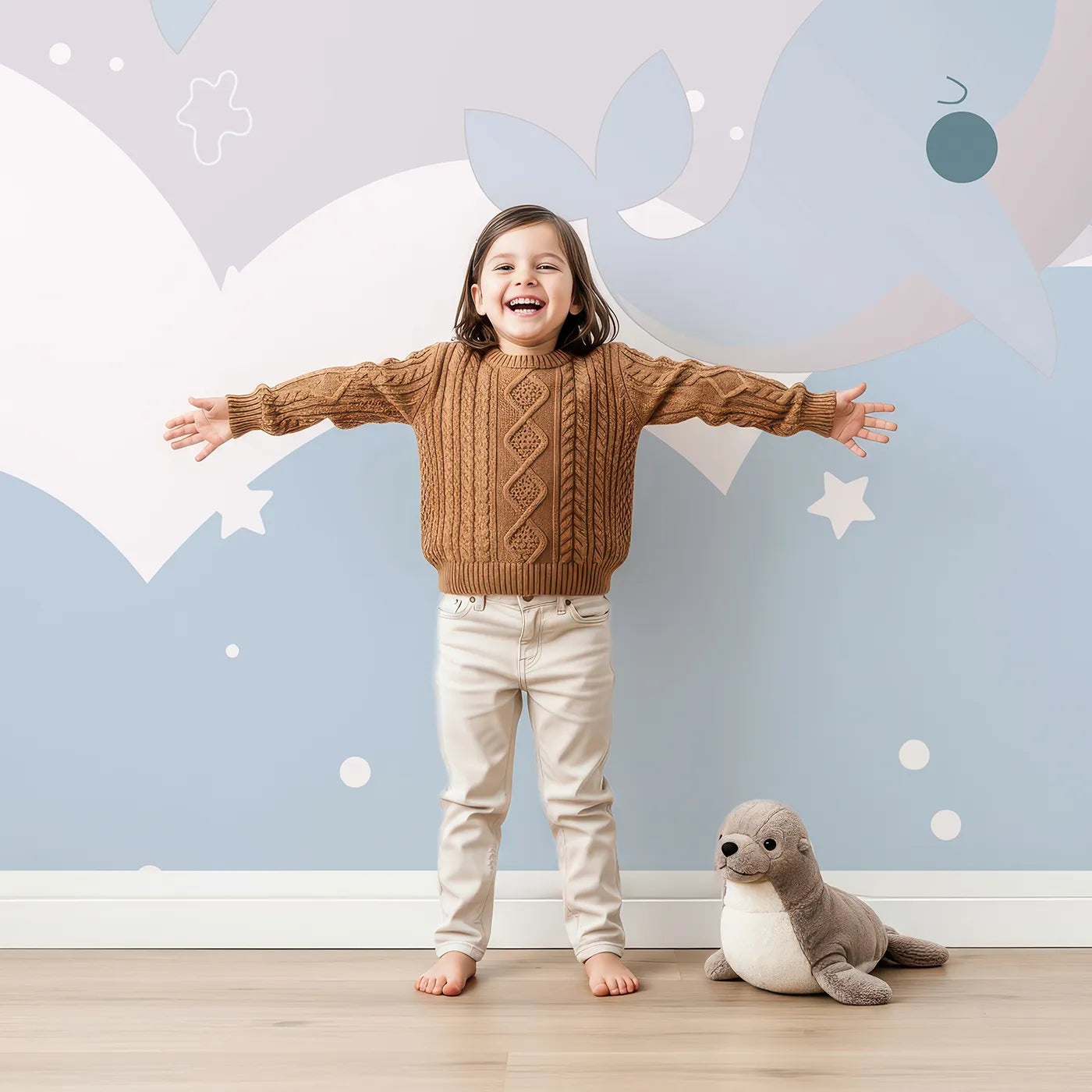 Child in front of Whimsy Tots Flying Whales in the Clouds Wall Mural with whale, flying, cloud, sky, moon, star, cute, nursery in design.