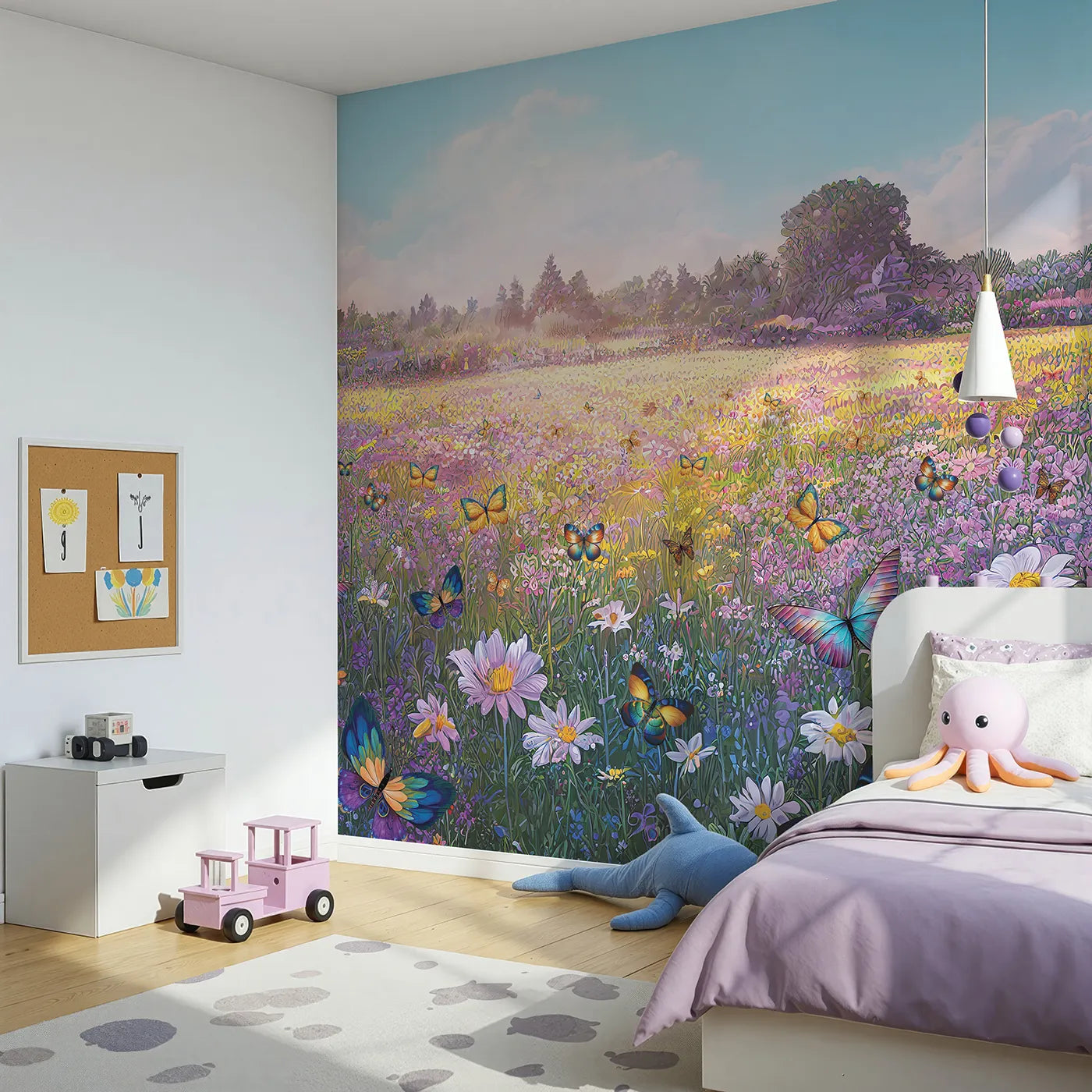 Angled view of Whimsy Tots' Butterfly Meadow Wall Mural (Turn Their Room into a Magical, Sun-Drenched Wildflower Field).Gender-Neutral