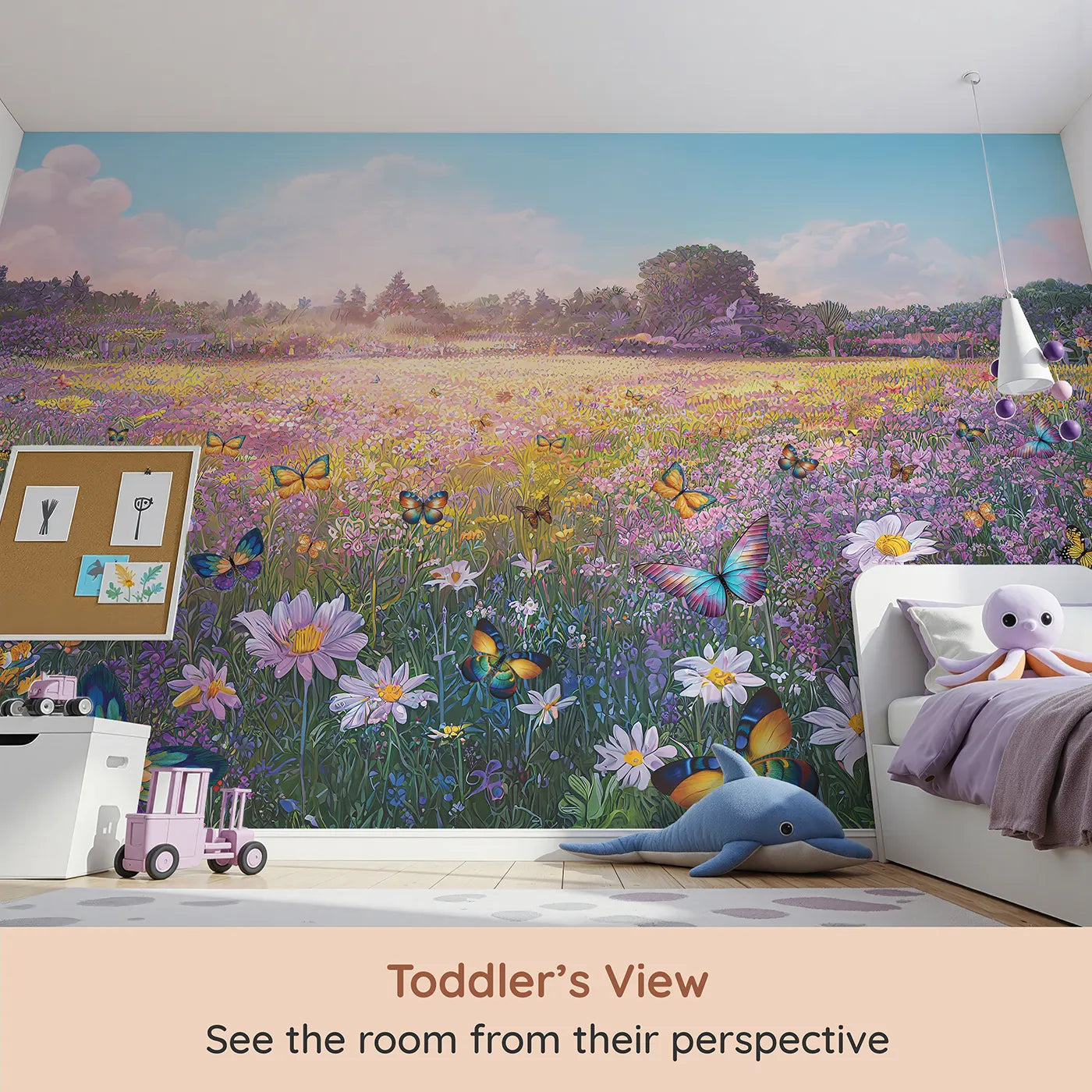 Whimsy Tots Butterfly Meadow Wall Mural (Turn Their Room into a Magical, Sun-Drenched Wildflower Field) from your child's view.Gender-Neutral
