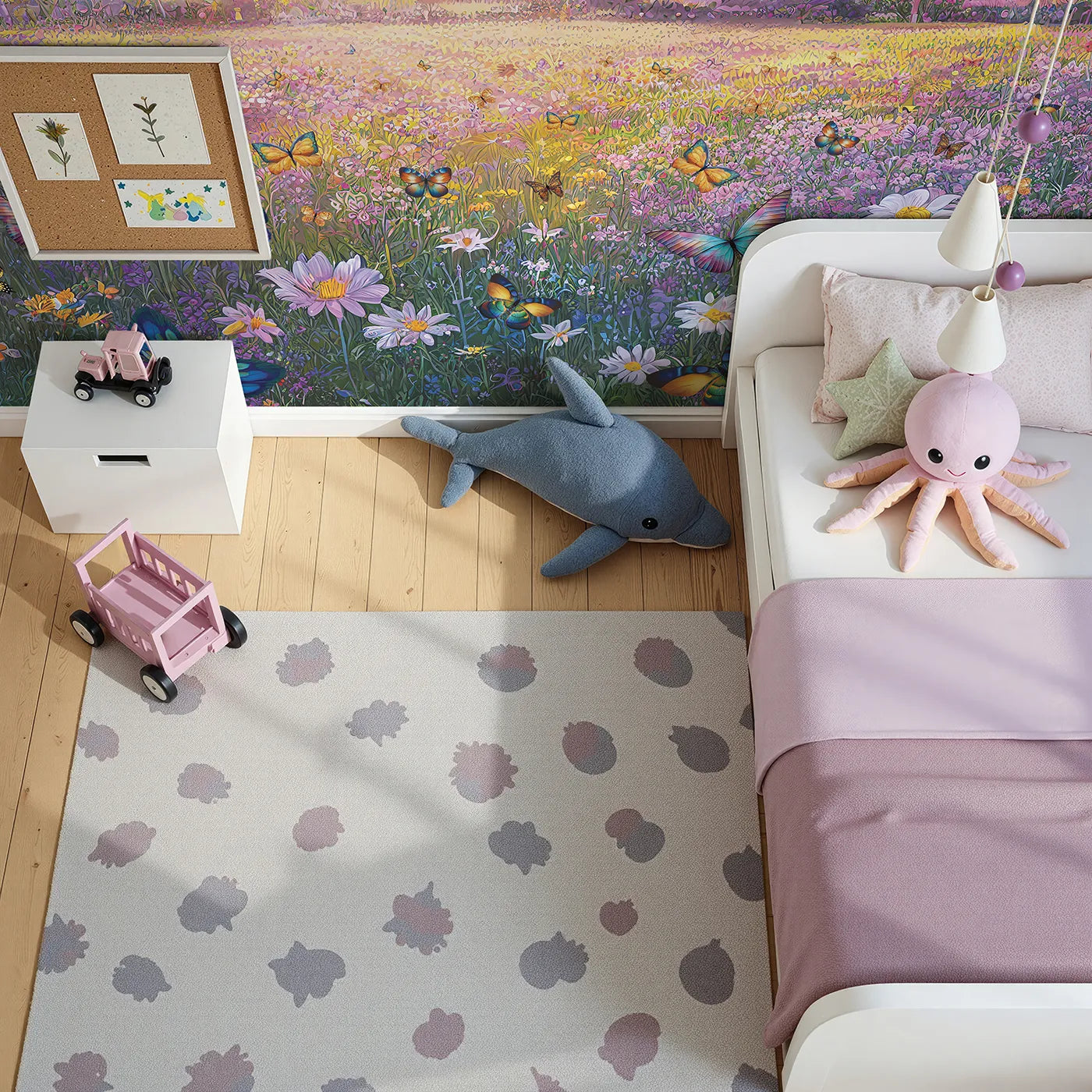 Top-down view of Whimsy Tots' Butterfly Meadow Wall Mural (Turn Their Room into a Magical, Sun-Drenched Wildflower Field).Gender-Neutral