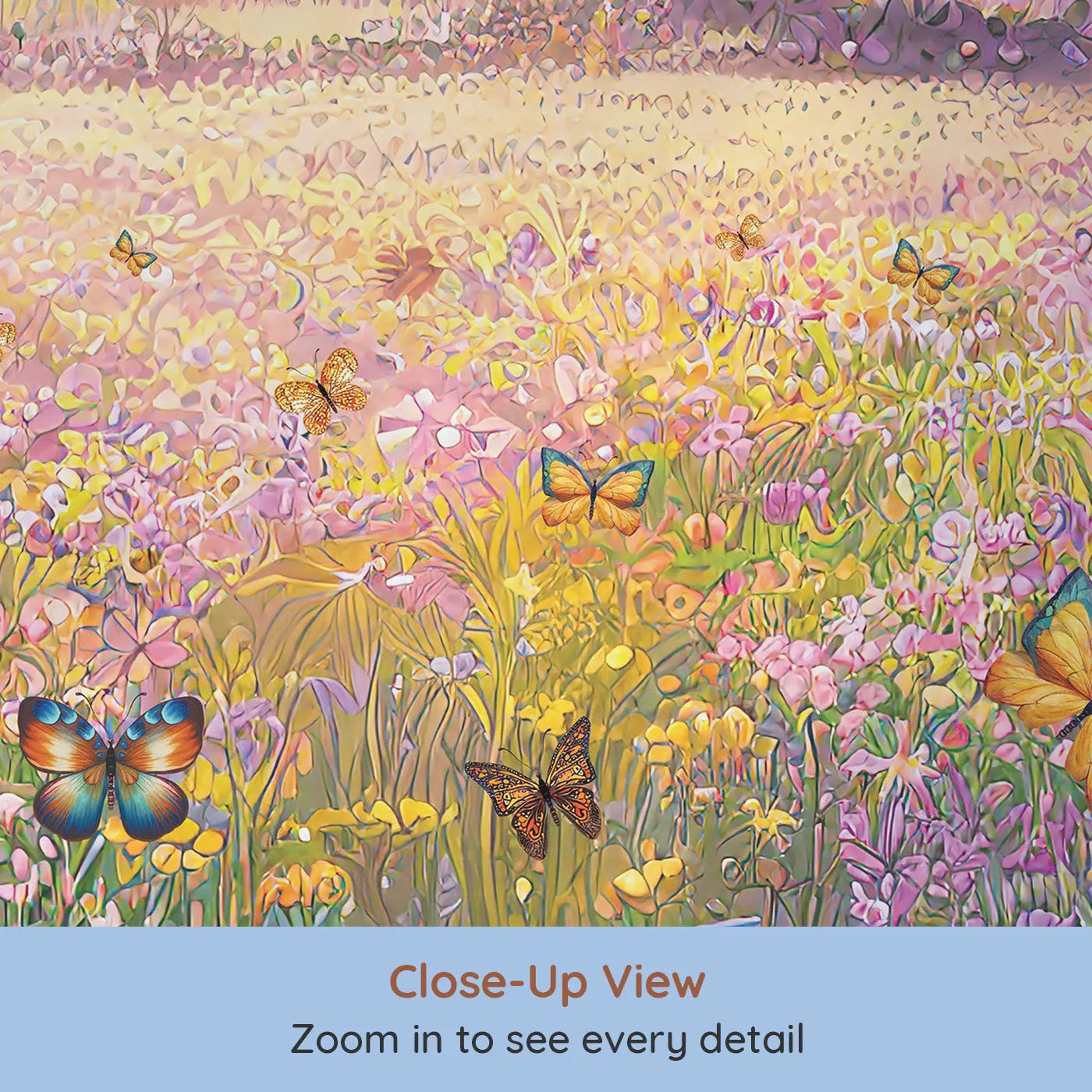 Close-up view of Whimsy Tots' Butterfly Meadow Wall Mural (Turn Their Room into a Magical, Sun-Drenched Wildflower Field).Gender-Neutral