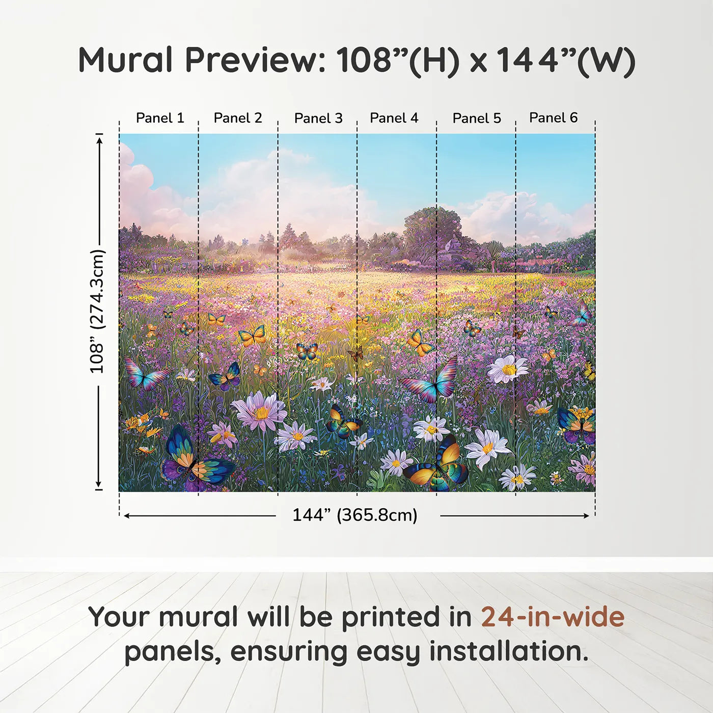 Whimsy Tots Butterfly Meadow Wall Muraldimension view (108" H x 144" W). Printed in six 24-inch-wide panels. Gender-Neutral