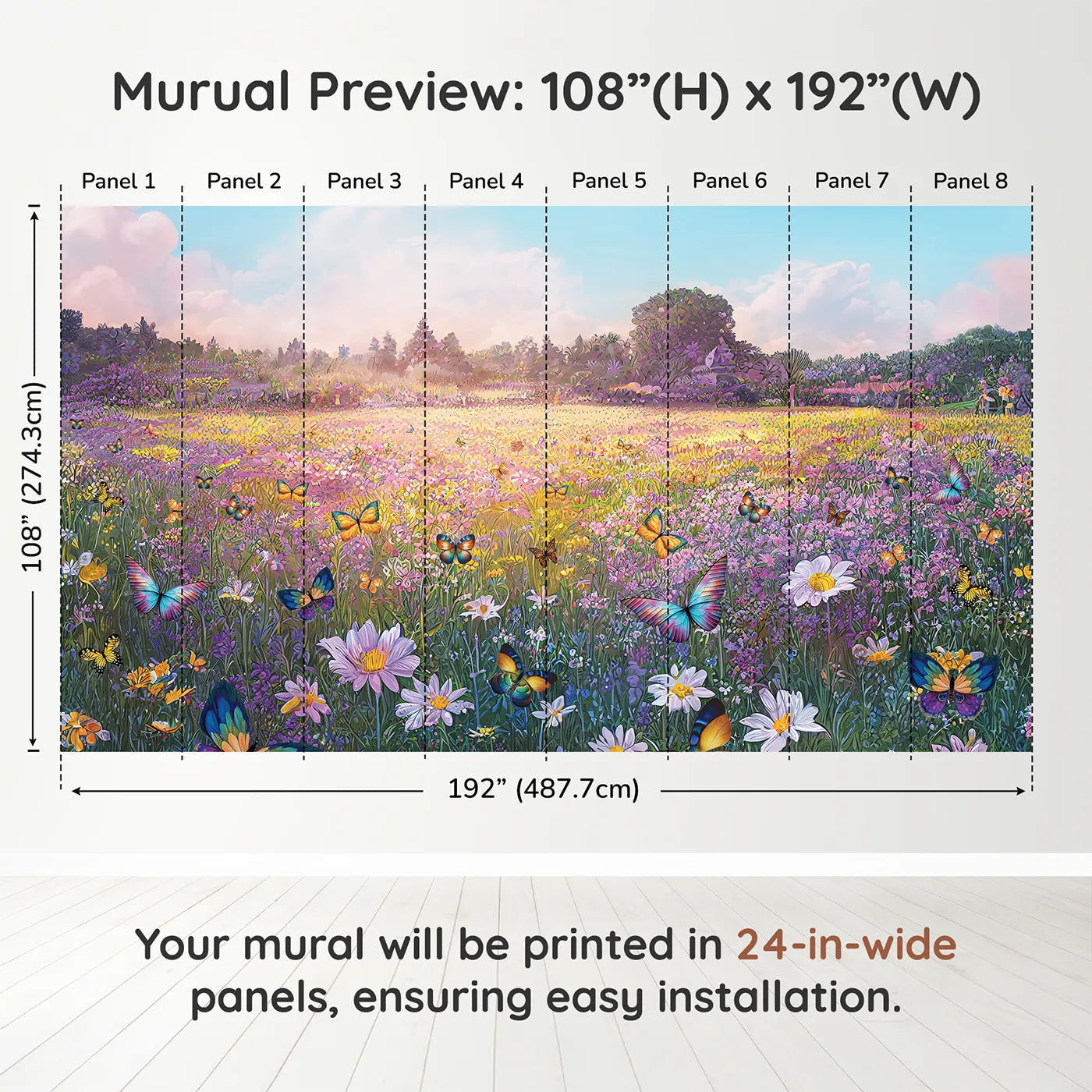 Whimsy Tots Butterfly Meadow Wall Muraldimension view (108" H x 192" W). Printed in eight 24-inch-wide panels. Gender-Neutral