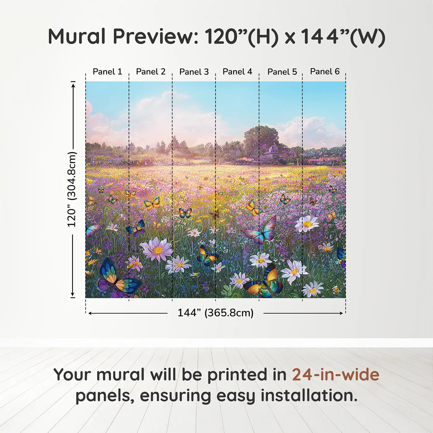 Whimsy Tots Butterfly Meadow Wall Muraldimension view (120" H x 144" W). Printed in six 24-inch-wide panels. Gender-Neutral