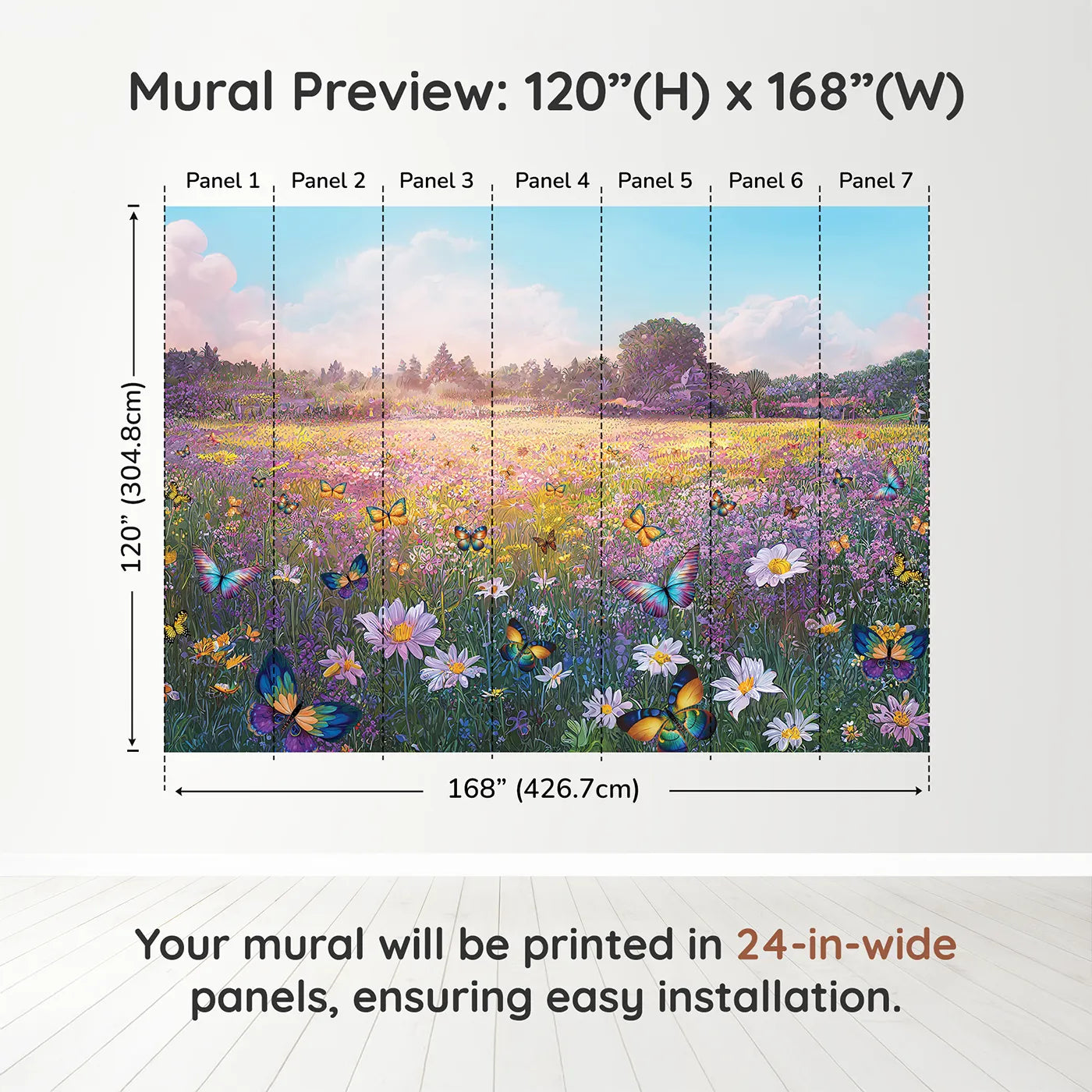 Whimsy Tots Butterfly Meadow Wall Muraldimension view (120" H x 168" W). Printed in seven 24-inch-wide panels. Gender-Neutral