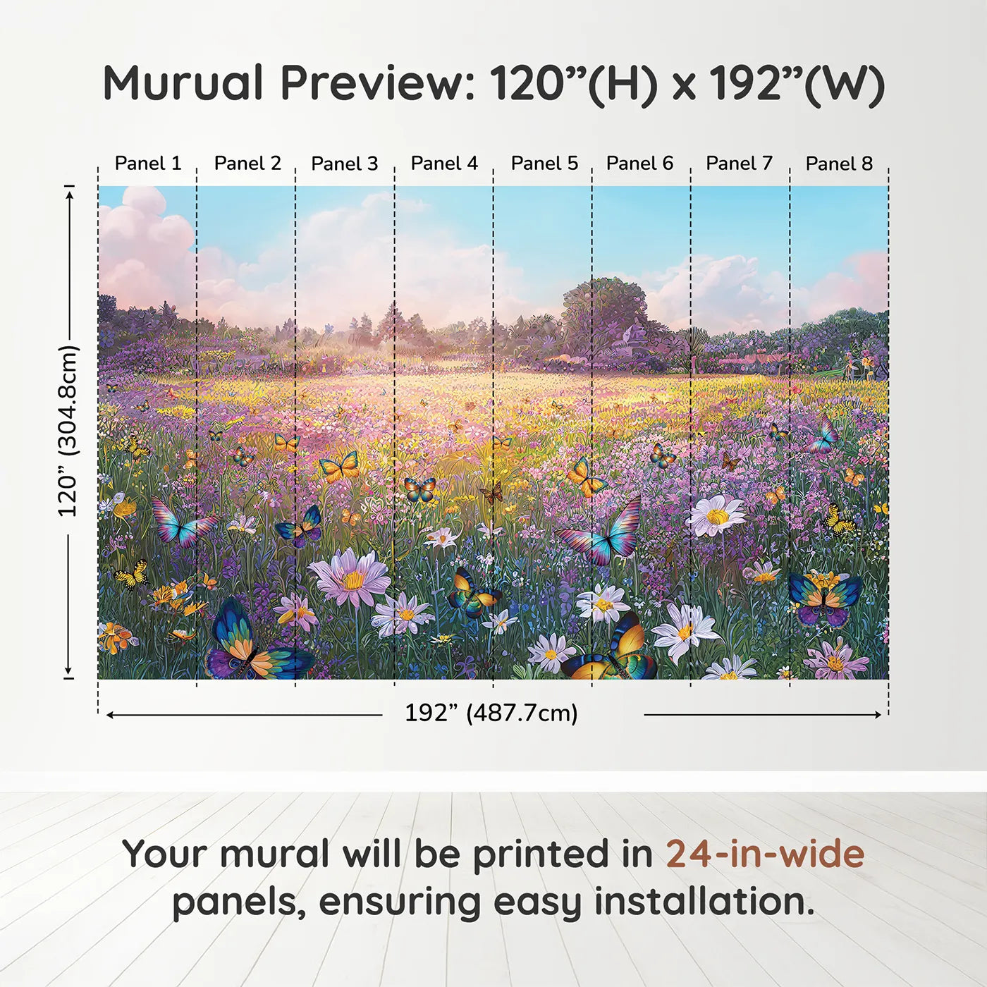 Whimsy Tots Butterfly Meadow Wall Muraldimension view (120" H x 192" W). Printed in eight 24-inch-wide panels. Gender-Neutral