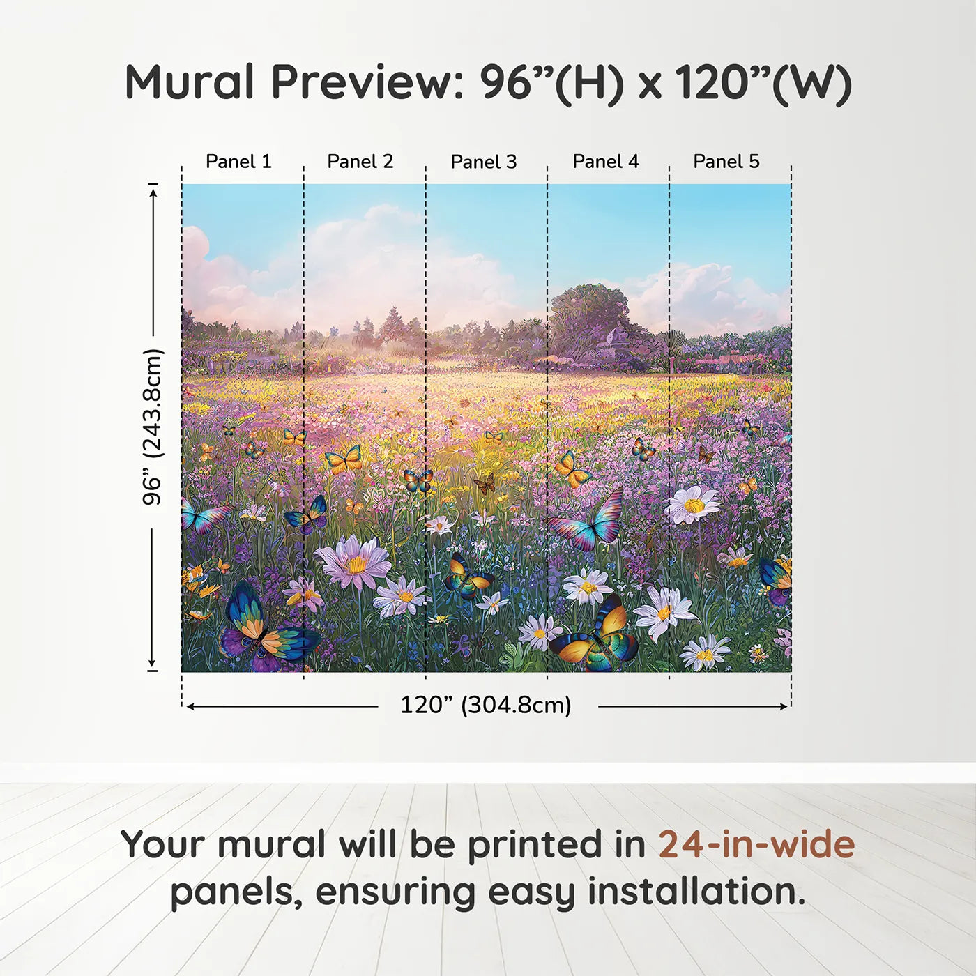 Whimsy Tots Butterfly Meadow Wall Muraldimension view (96" H x 120" W). Printed in five 24-inch-wide panels. Gender-Neutral