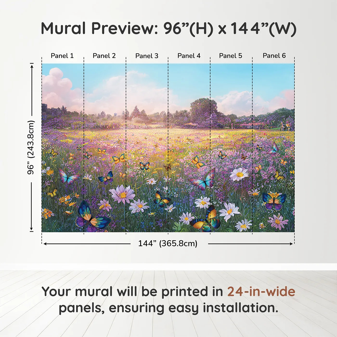 Whimsy Tots Butterfly Meadow Wall Muraldimension view (96" H x 144" W). Printed in six 24-inch-wide panels. Gender-Neutral