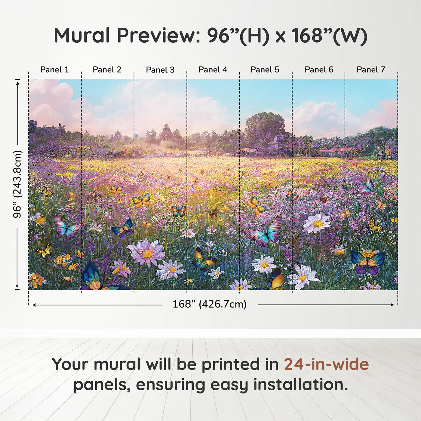 Whimsy Tots Butterfly Meadow Wall Muraldimension view (96" H x 168" W). Printed in seven 24-inch-wide panels. Gender-Neutral