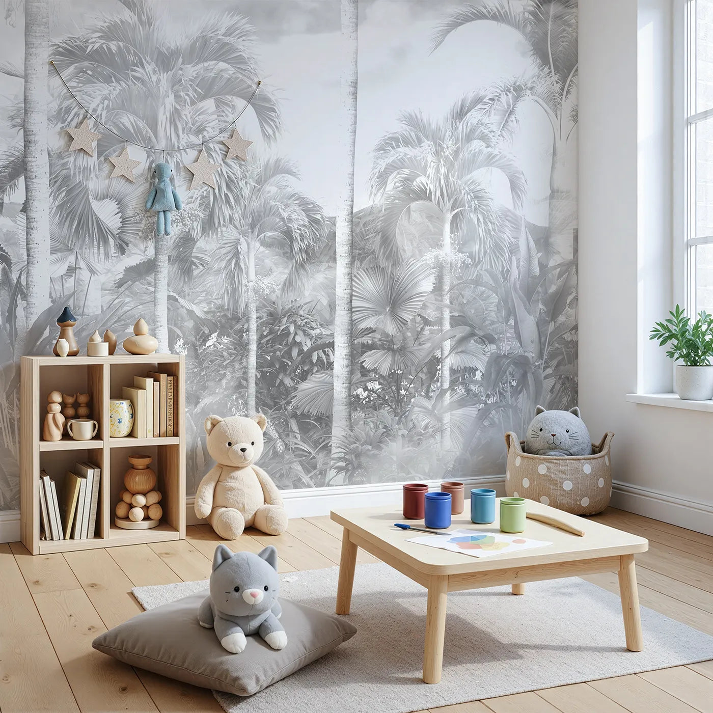 Angled view of Whimsy Tots' Misty Jungle Wall Mural in Grayscale (Turn Their Room into a Moody, Monochrome Rainforest).Gender-Neutral
