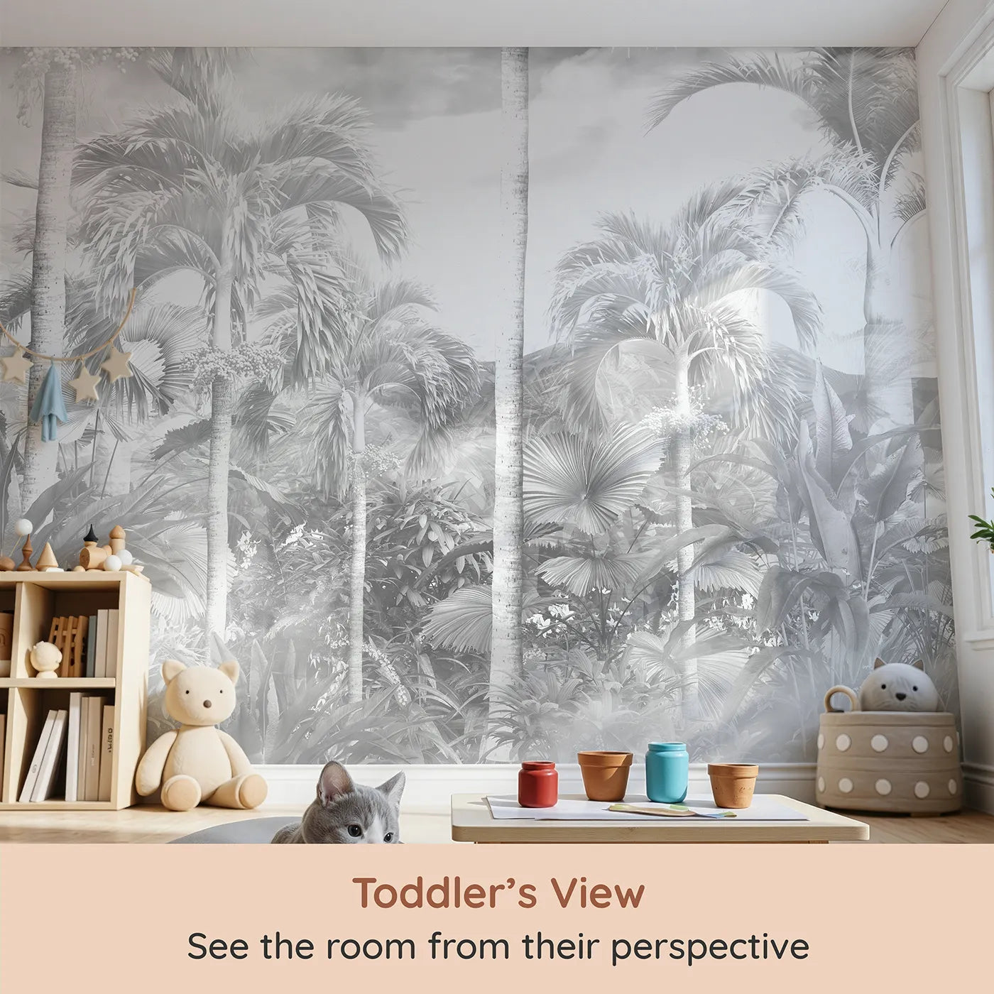 Whimsy Tots Misty Jungle Wall Mural in Grayscale (Turn Their Room into a Moody, Monochrome Rainforest) from your child's view.Gender-Neutral