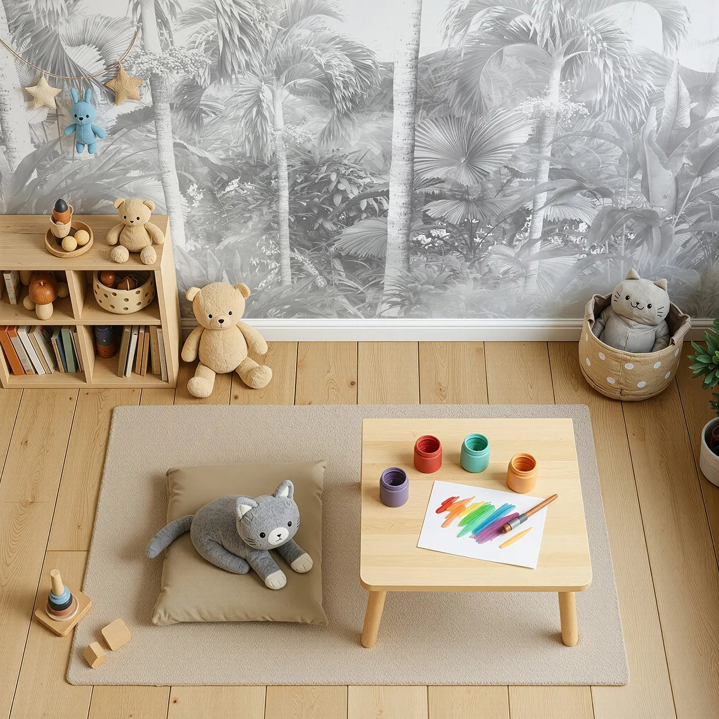 Top-down view of Whimsy Tots' Misty Jungle Wall Mural in Grayscale (Turn Their Room into a Moody, Monochrome Rainforest).Gender-Neutral