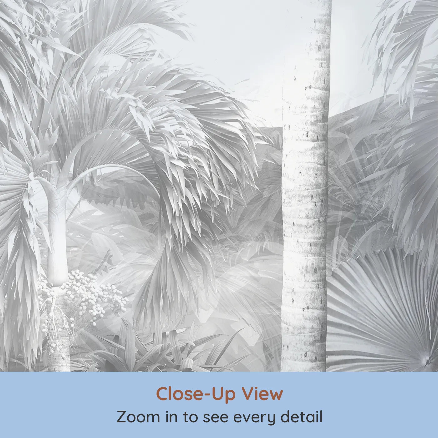 Close-up view of Whimsy Tots' Misty Jungle Wall Mural in Grayscale (Turn Their Room into a Moody, Monochrome Rainforest).Gender-Neutral