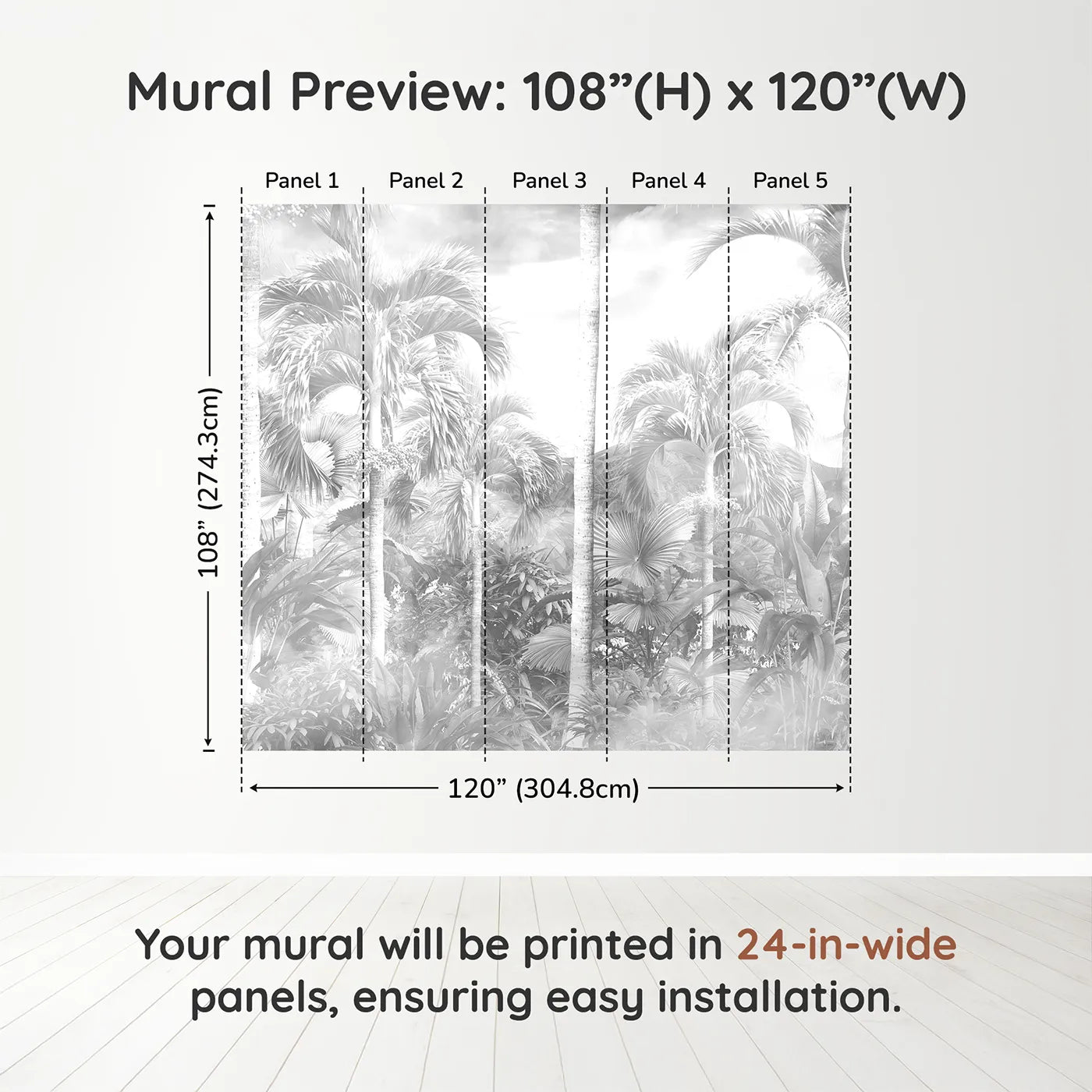 Whimsy Tots Misty Jungle Wall Mural in Grayscaledimension view (108" H x 120" W). Printed in five 24-inch-wide panels. Gender-Neutral