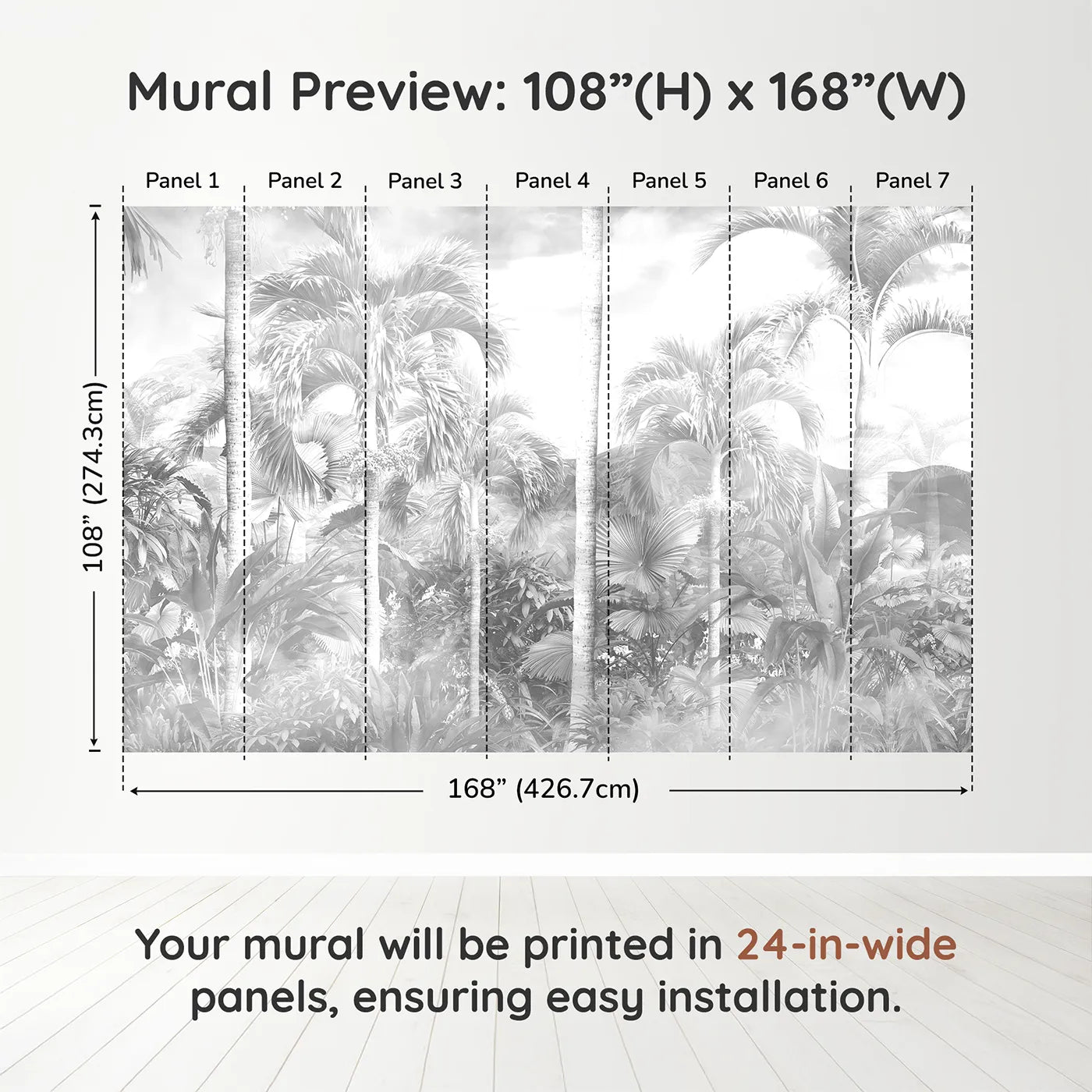 Whimsy Tots Misty Jungle Wall Mural in Grayscaledimension view (108" H x 168" W). Printed in seven 24-inch-wide panels. Gender-Neutral